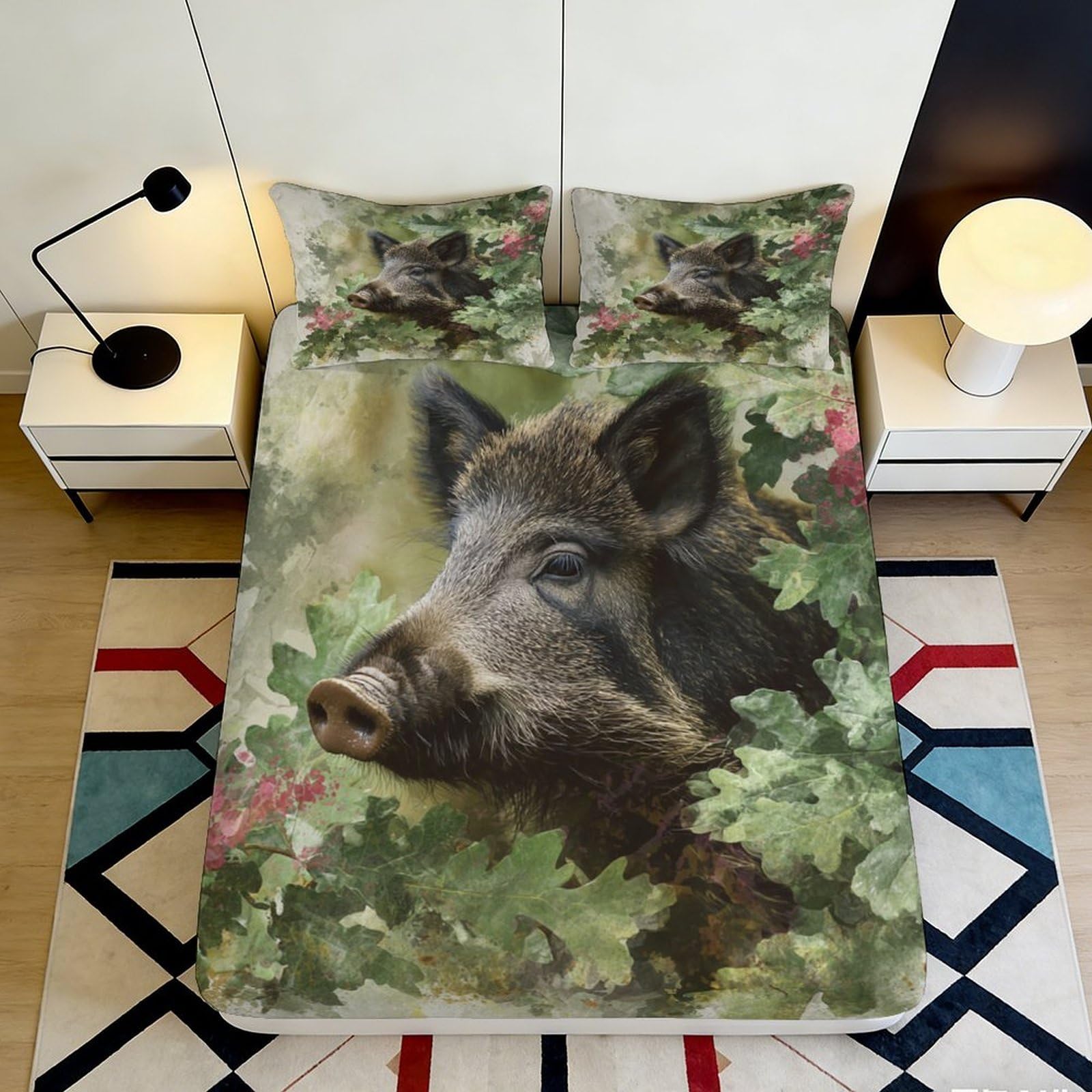 3D Printed Wild Boar Forest Fitted Sheet Microfiber Non Slip Machine Washable Woodland Bed Cover Decor 140x200x25cm