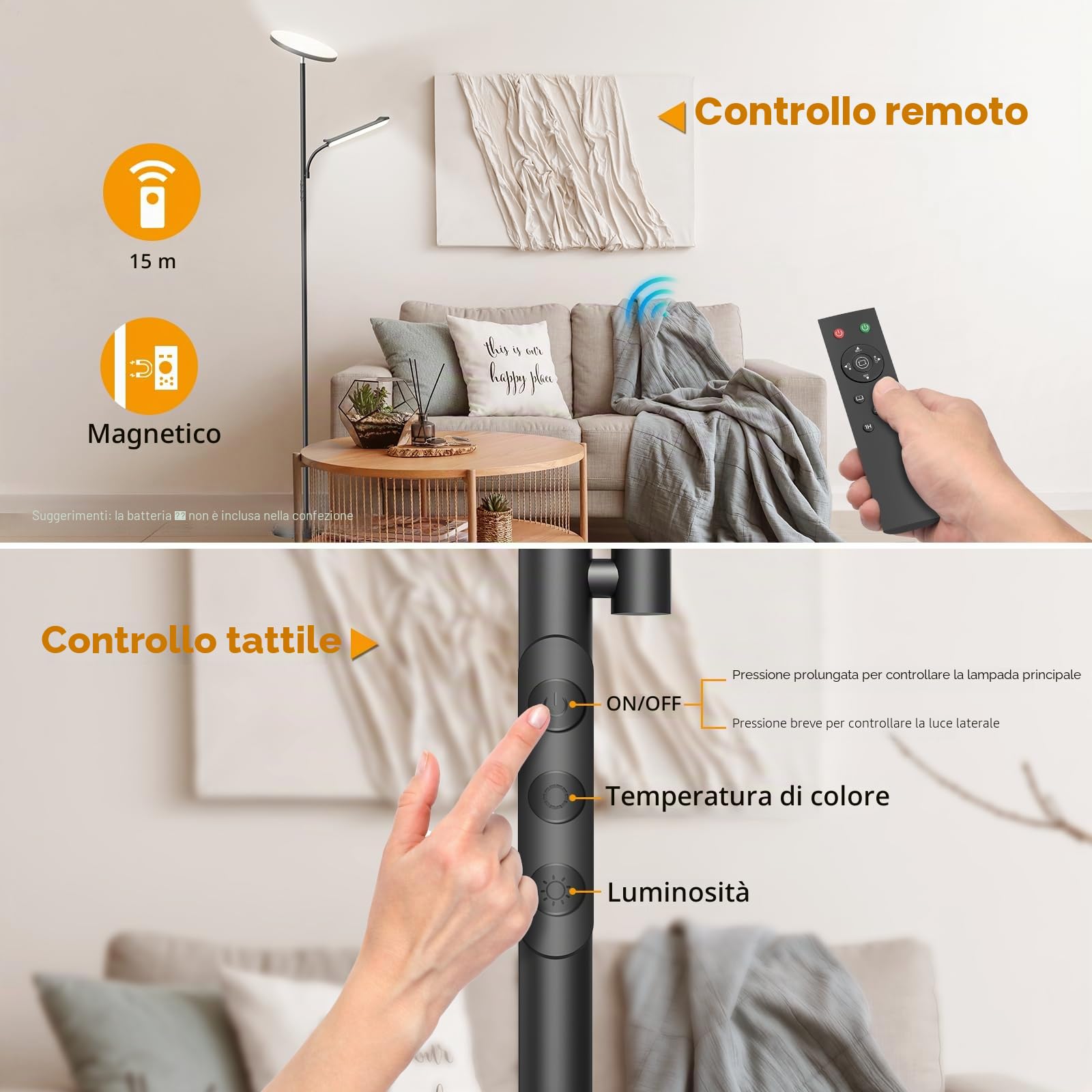 LUCKEA 42W Lampada Da Terra Salotto, 4000lm Piantana Lampada da Terra con lampada da lettura con 2700K-6500K Stepless, Telecomando e Touch Control, Timer 1H, Piantane per Soggiorno Ufficio