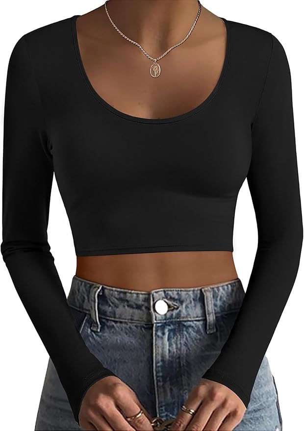 Ekouaer Long Sleeve Crop Tops for Women Scroop Neck Lightweight Basic Base Layer Thermal Undershirts Shirts