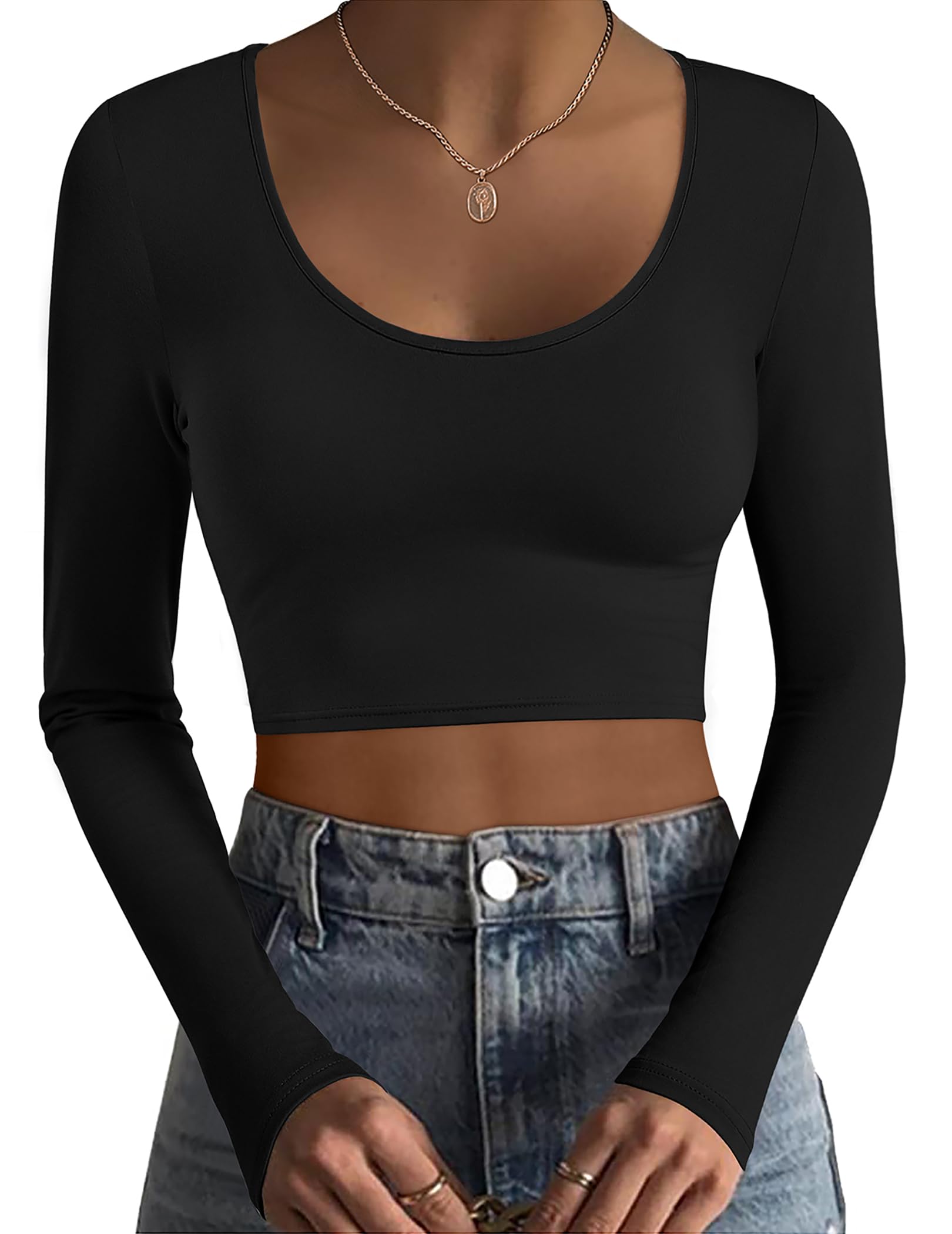Ekouaer Long Sleeve Crop Tops for Women Scroop Neck Lightweight Basic Base Layer Thermal Undershirts Shirts