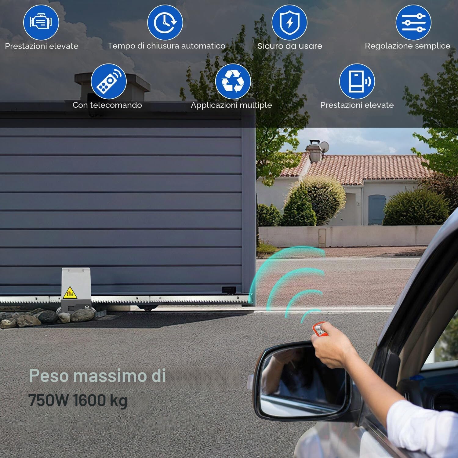 Trasmissione per cancello scorrevole 750W, motore per garage fino a 1600kg, set motore per cancello scorrevole da telecomandi e funzione di chiusura automatica, motore per cancello a