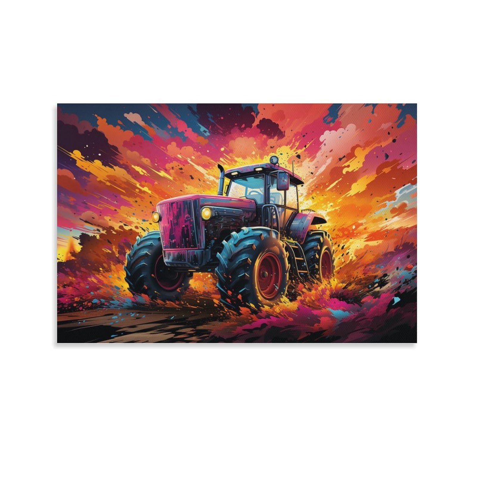 CPLVKWRQJ Bright Magical Colorful Individual Colorful Tractor Explosion Art Canvas Wall Art - Office Canvas Print Fade Resistant Wall Focal Art Ready to Hang 16x24inch(40x60cm)