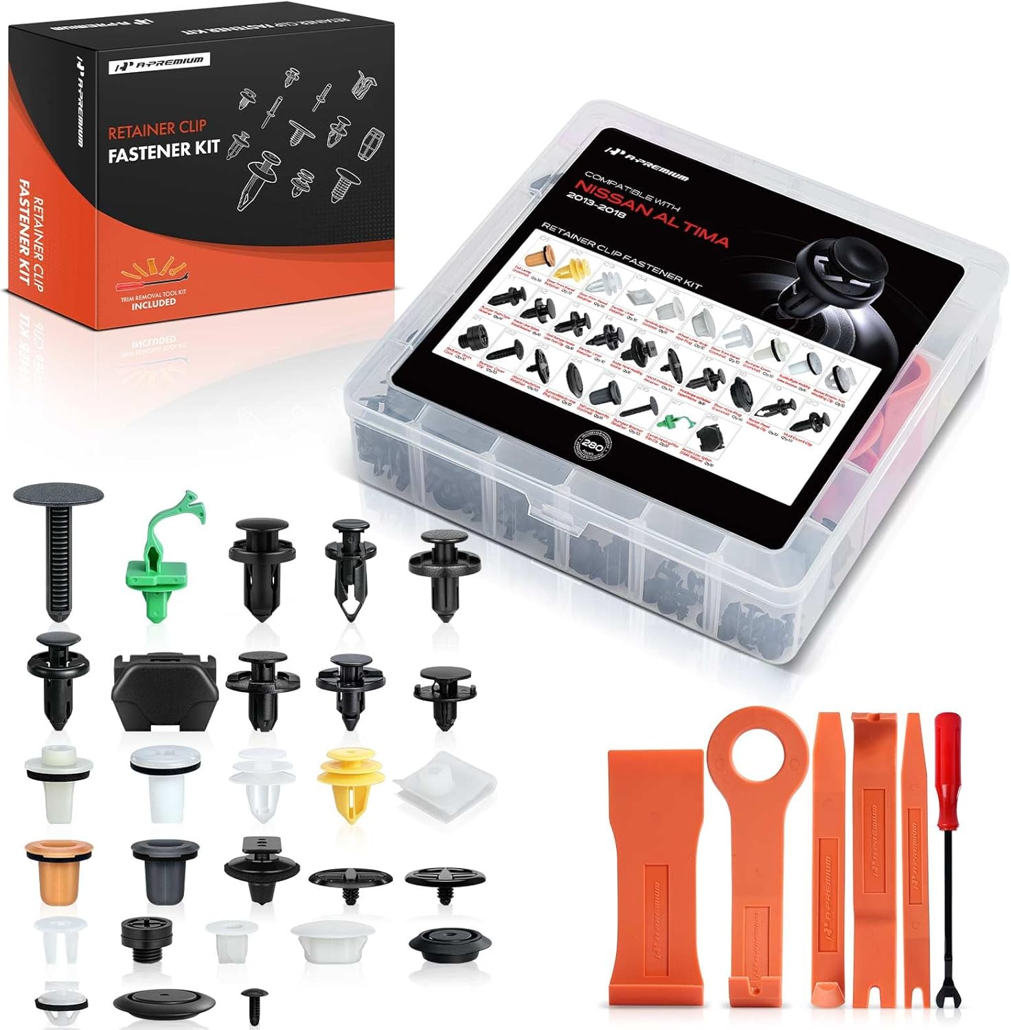 A-Premium 280Pcs 51.36 oz Nylon Bumper Retainer Clips Fender Fasteners Door Trim Panel Molding Hood Body Auto Push Pin Plastic Rivets Kit Compatible with Nissan Altima 2013-2018, with Removal Tool