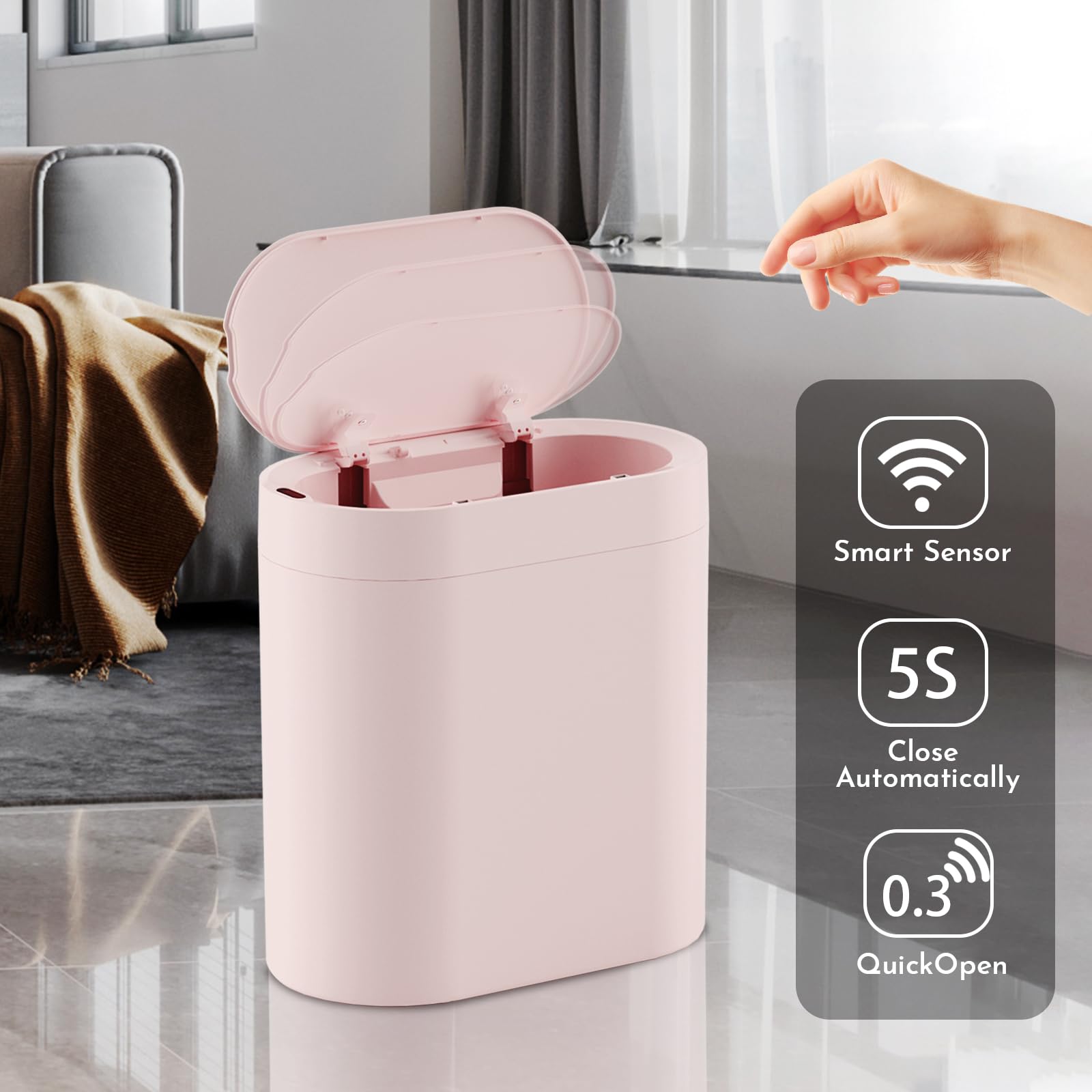 SYNCVIBE Pattumiera da bagno con coperchio, 5,8 litri, sottile, con sensore di movimento, pattumiera stretta e automatica, in plastica, per camera da letto, soggiorno, WC, ufficio (rosa)