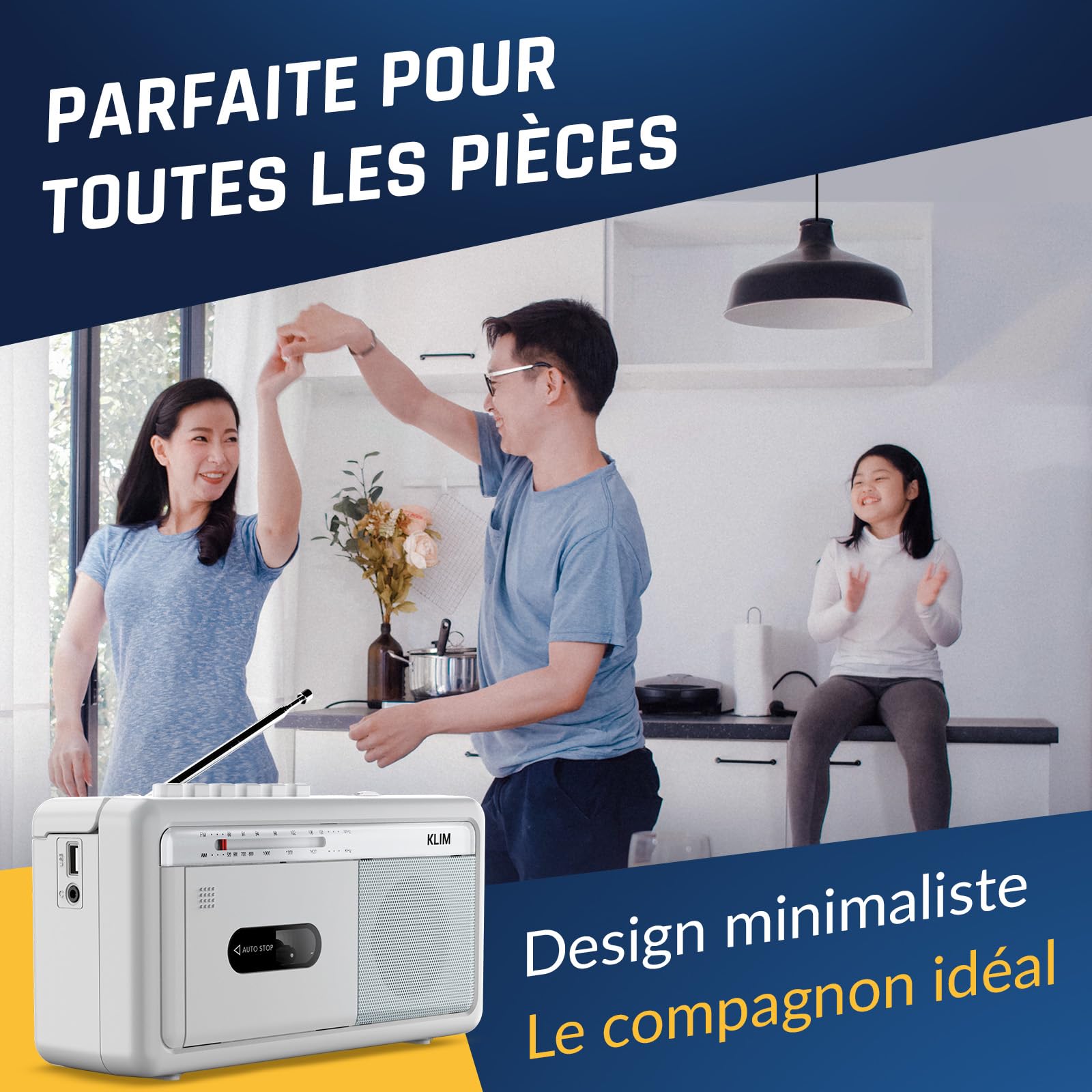 KLIM Lecteur Cassette Audio Boombox, Radio AM/FM, Bluetooth, Enregistreur Cassette, USB, Haut-Parleur, Prise Casque, Secteur ou Piles, Design Portable Rétro - Blanc Givré