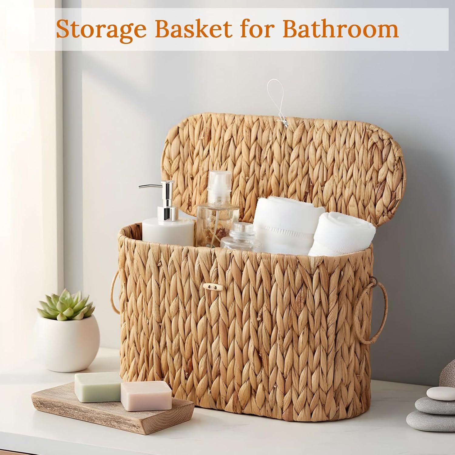 Toilet Paper Storage Basket, Water Hyacinth Slim Toilet Paper Holder with Lid for 6 Regular Rolls Hand-Woven Wicker Rattan Home Decor Bathroom Accessories Organizer - Image 5