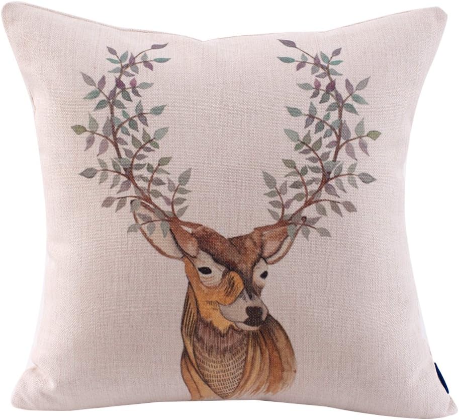 JES&MEDIS Linen Cotton Print Square Decorative Throw Pillow Case Cushion Cover for Bed Couch Car 18 x 18 Inches (Deer01)