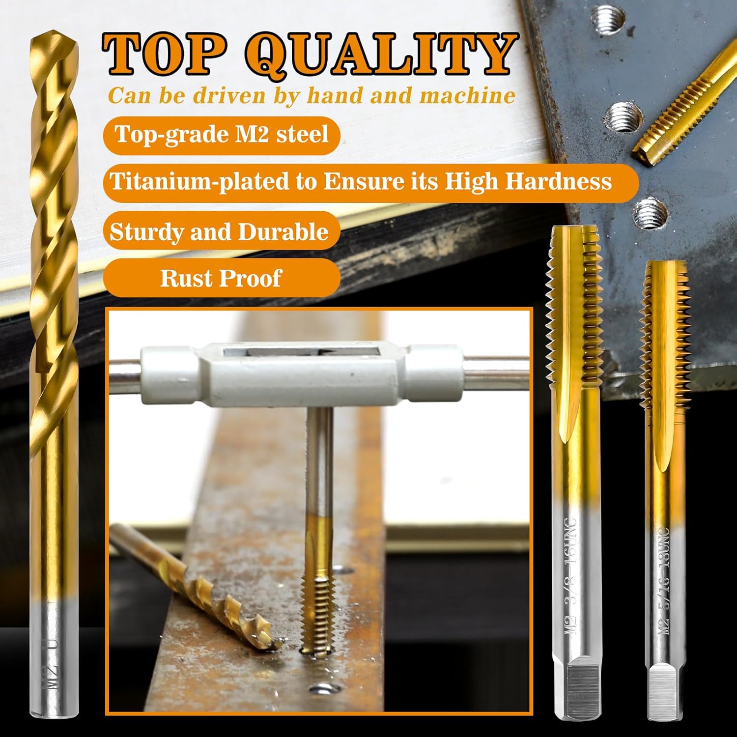 18Pcs SAE Drill and Tap Set with 1Pc Tap Wrench, M2 HSS Thread Tap Set from 6-32 UNC to 1/2"-13 UNC, Combination of Drill and Tap Set for Metal,with Metal Indexed Box