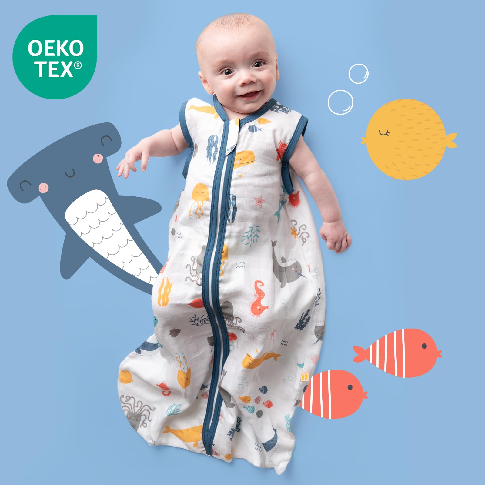 schlummersack Slumbersac Sacco nanna Tog 0.5 110 cm Animali marini in Mussola | Sacco nanna estivo 18-36 mesi leggero | Sacco a pelo bambini per asilo