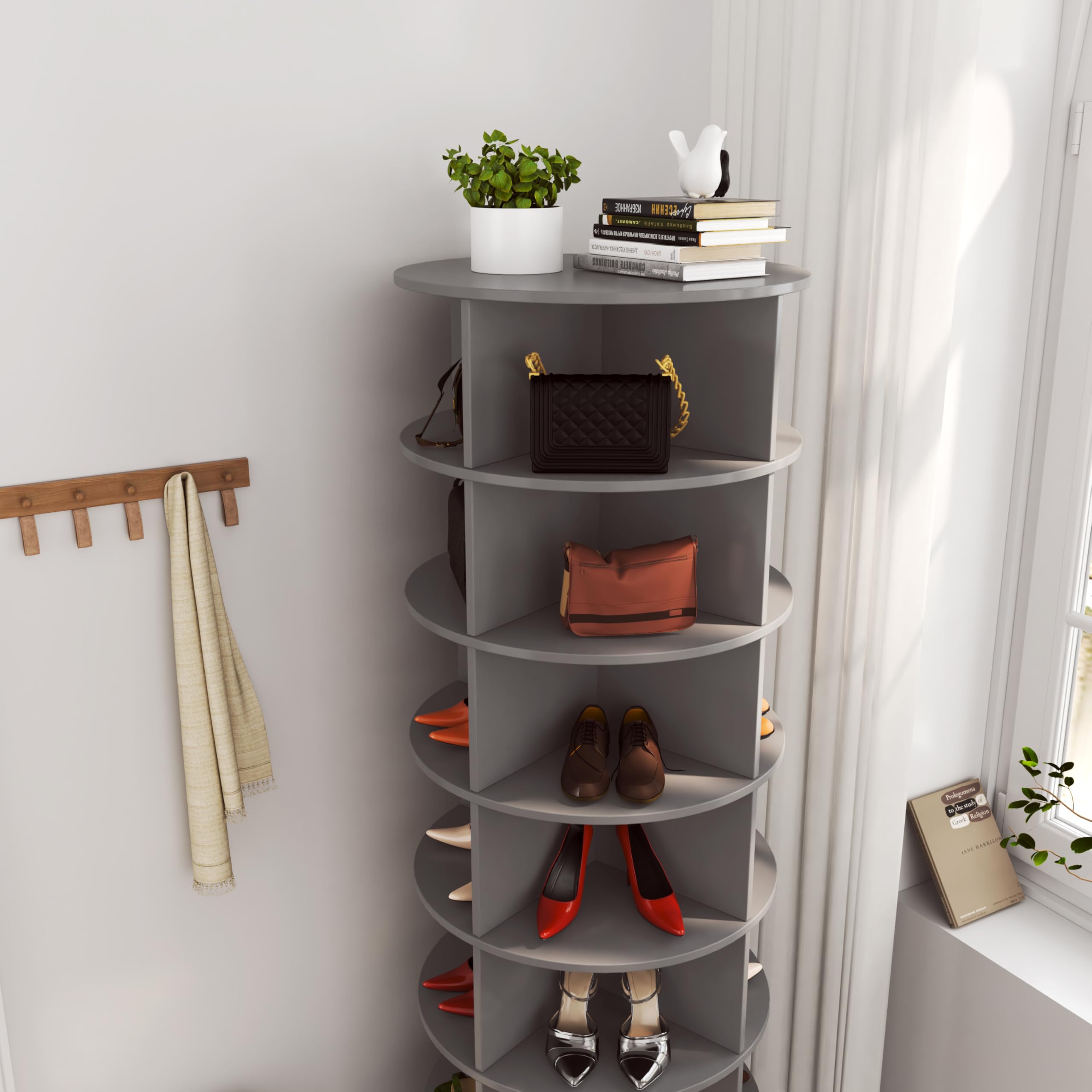 Drehregal 5 Ebenen | Rotierendes Schuhregal & Mehrzweckregal | Eckregal rund 115x60 cm | Vielseitiges Aufbewahrungsregal für Schuhe, Deko, Bücher | Platzsparendes Standregal (Grau)