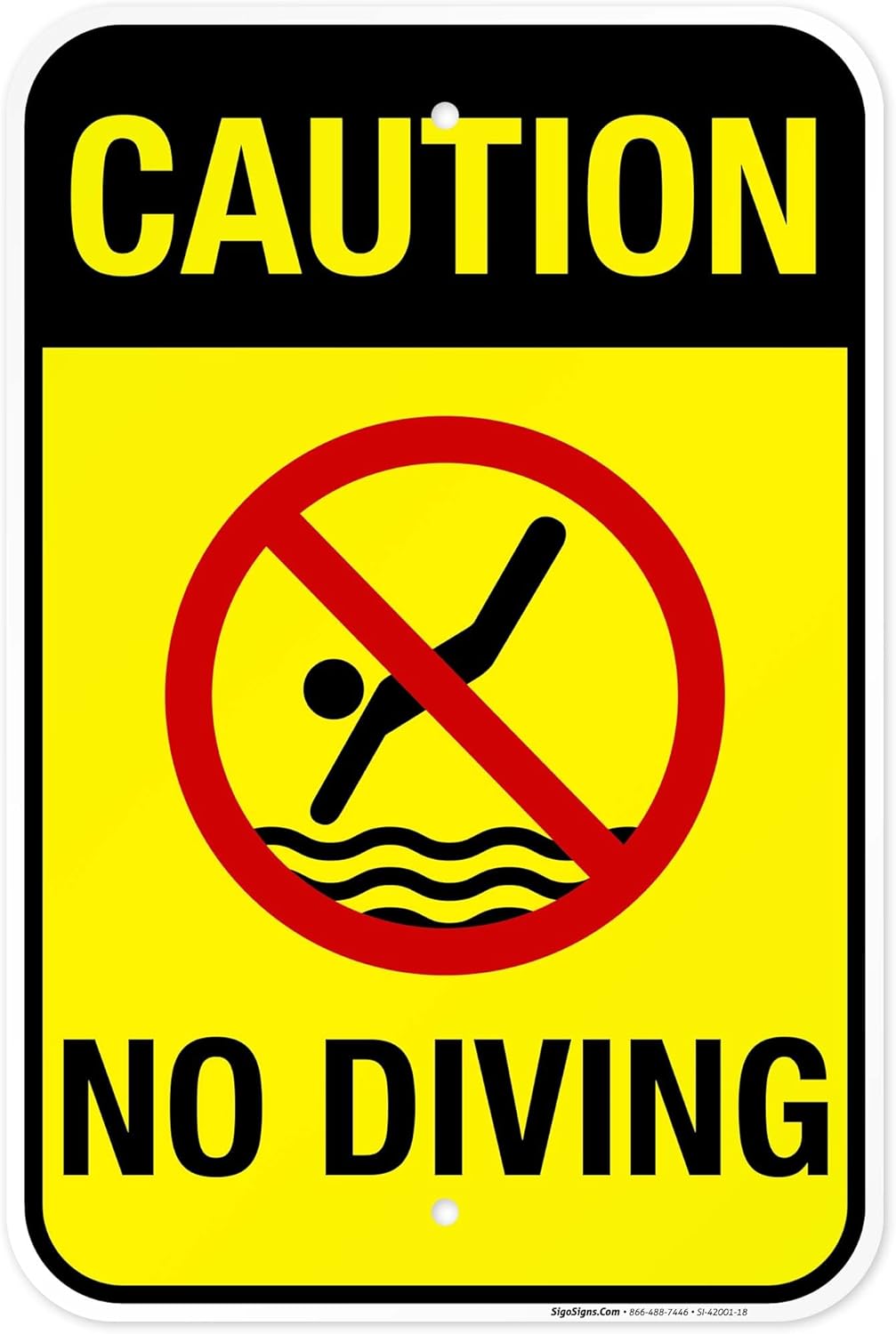Caution No Diving Pool Sign, 12x18 Inches, 55 mil Thick HDPS (high Density polystyrene), Made in USA