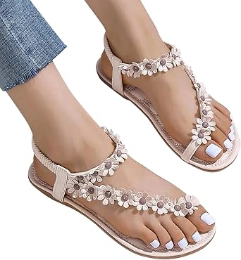 Womens Sandals, Womens Flower Sandals, Summer Flat Clip-Toe Sandals Strappy Retro Bohemian Sandals Wedding Travel Shoes