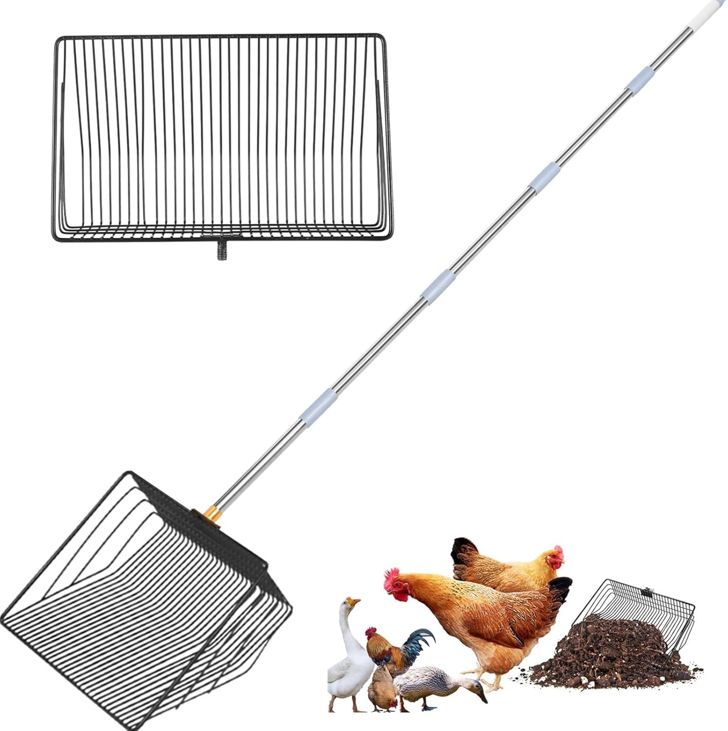 Rooster Poop Scooper, 10″ Large Heavy Obligation Metallic Rooster Poop Scoop with 5-Stage Adjustable Stainless Metal Deal with (32″ – 75″), 5-in-1 Multifunctional Litter Sifter for Rooster Coops