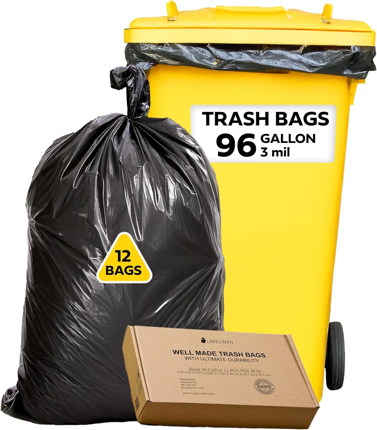 Lime Linen 96 Gallon Heavy Duty Contractor Garbage Bags | Industrial, Construction & Yard Waste | 12 Pack, Extra Thick 3 Mil, Twist Ties Included for Secure Closure