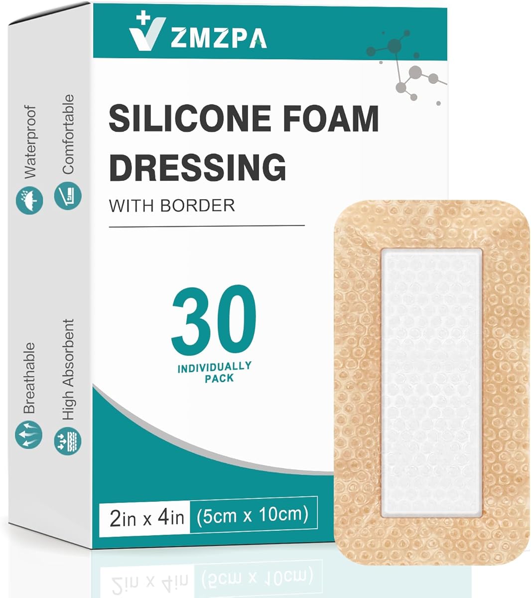 30 Pcs Silicone Foam Dressing 2x4 Gentle Border, Super Absorbent Wound Dressing, Bed Sore Patches, Waterproof Silicone Bandages for Wounds Care, Self Adhesive Pressure Sore Pads