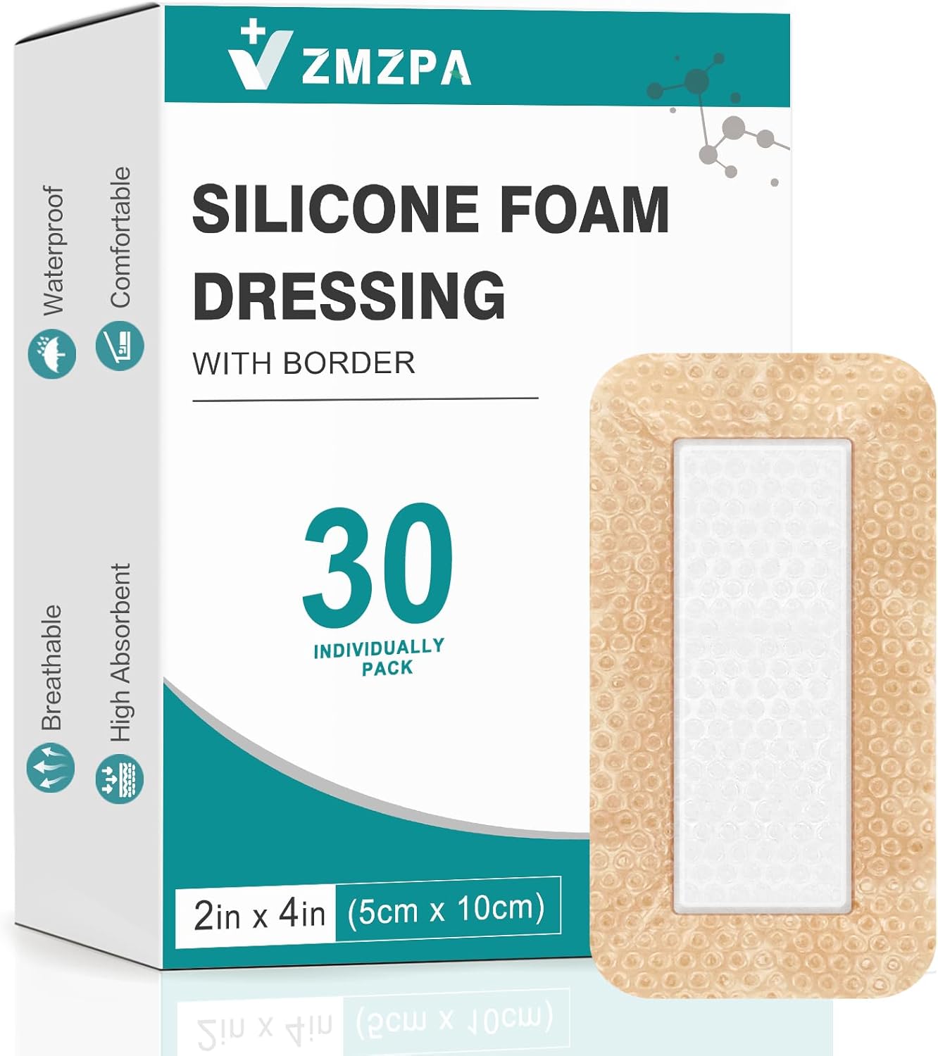 30 Pcs Silicone Foam Dressing 4x4 Gentle Border, Waterproof Silicone Bandages for Wounds Care, Bed Sore Patches, Super Absorbent Wound Dressing, Self Adhesive Pressure Sore Pads
