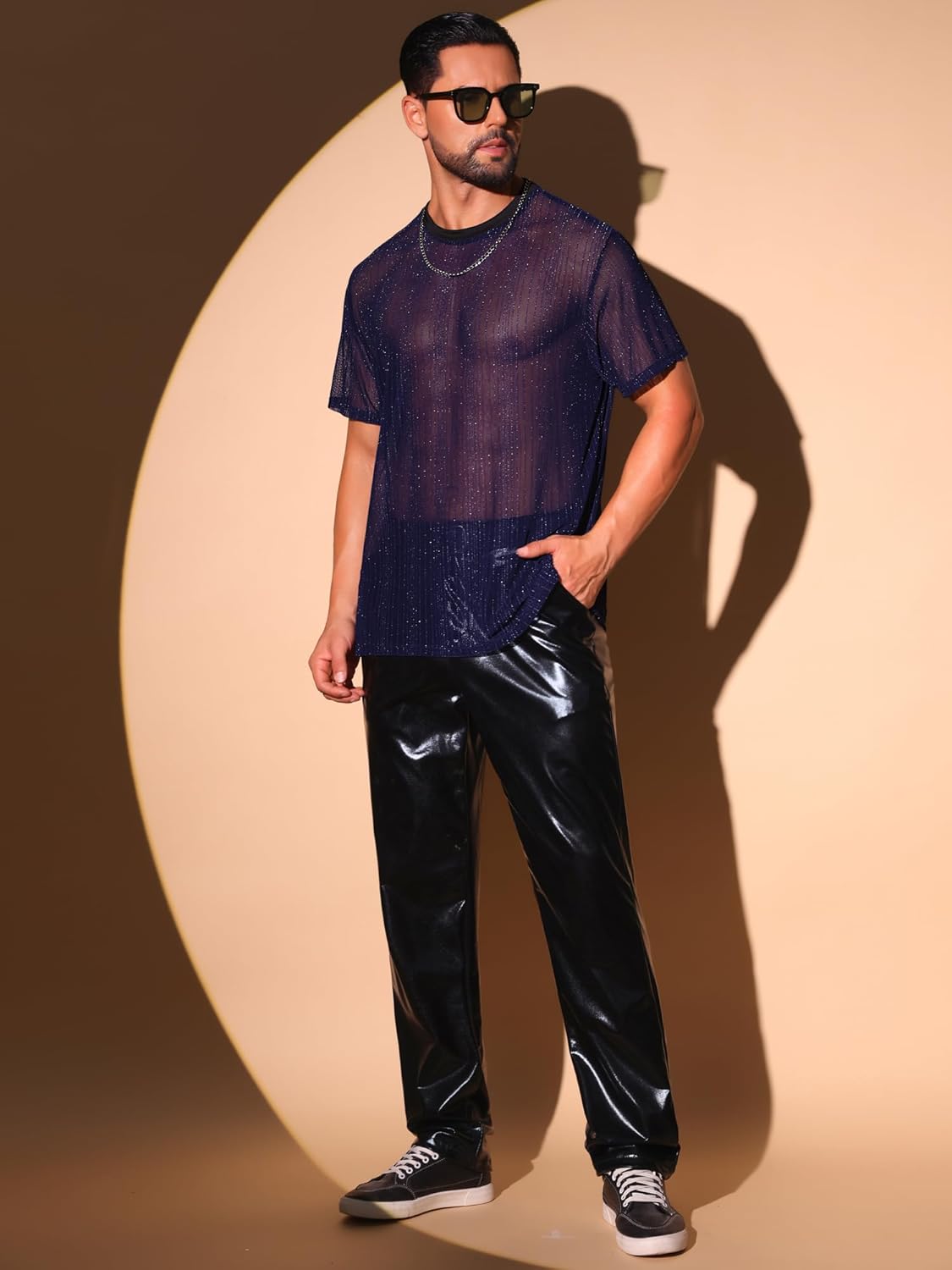 Lars Amadeus Shiny See Through T-Shirt for Men's Breathable Short Sleeve Party Sheer Mesh T-Shirts - Image 4