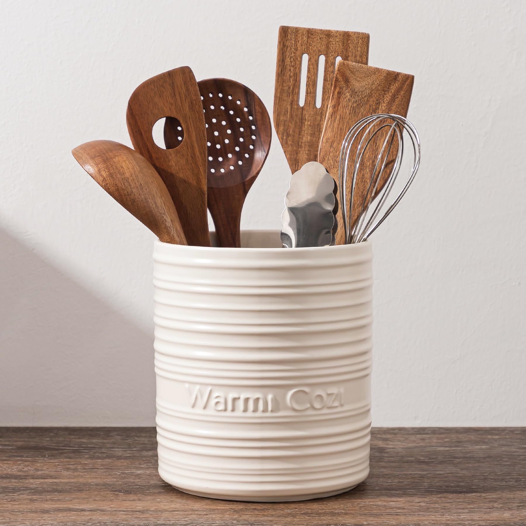 FUN ELEMENTS Kitchen Utensil Holder, 7.2Inch Utensil Holder，Ceramic Cooking Utensil Spoon/Spatula Holder for Countertop,Removable Wooden Divider for Easy Access, Kitchen Decor(Beige)