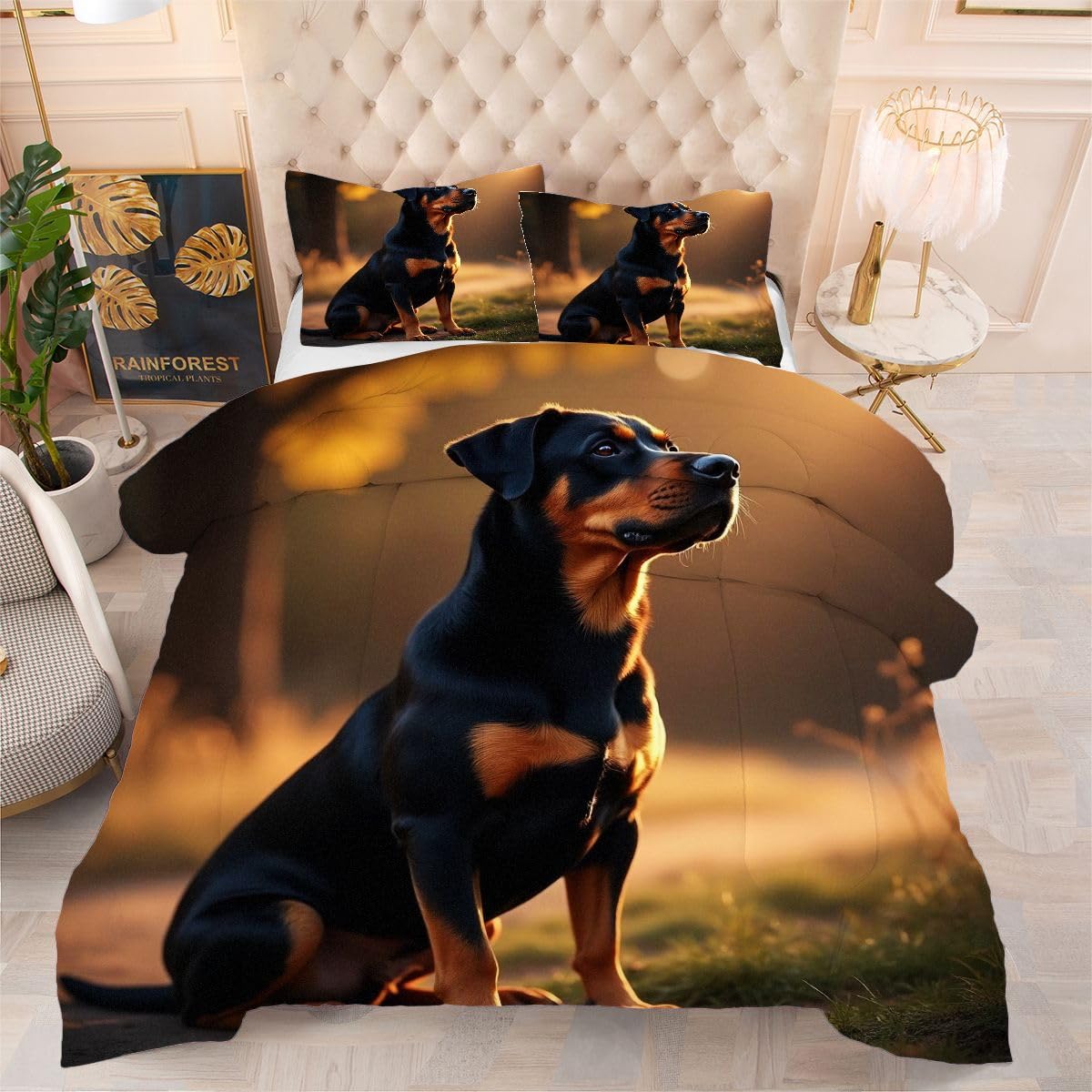 Couette 220 x 240 cm 4 saisons imprimée Doberman réversible sans housse avec 2 taies 65x65