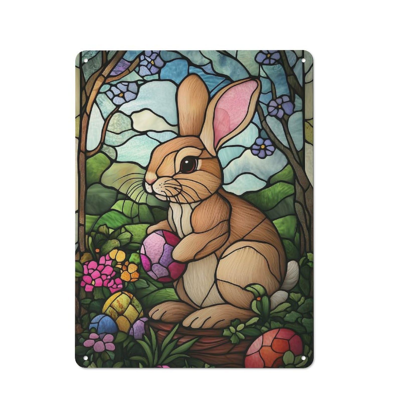 Junmoney Happy Easter Bunny Glass Art Rustic Metal Wall Sign 40X30cm For Living Room Wall, For Kitchen, Dining Room And Home Bar Wall Decor
