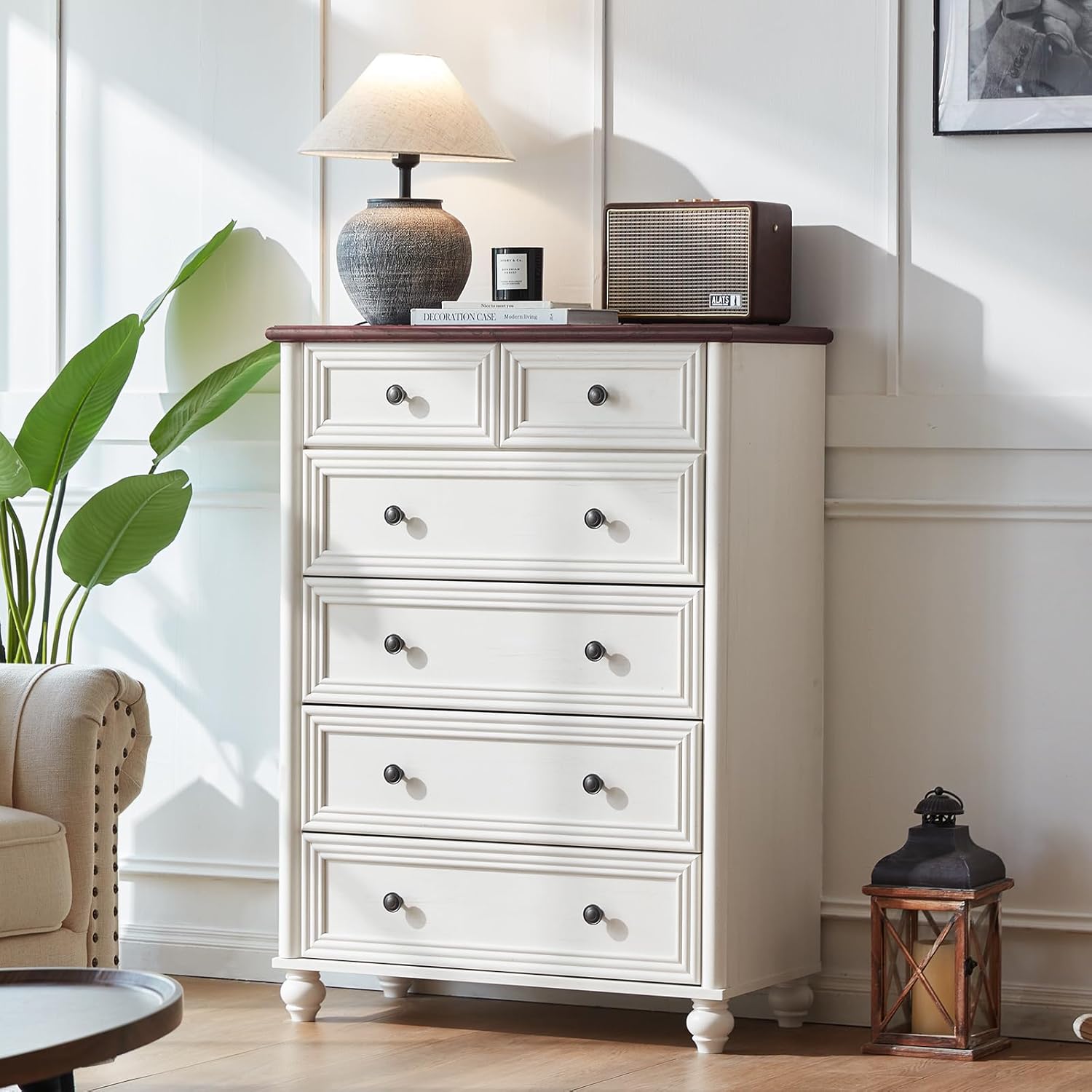 Farmhouse 6 Drawer Dresser, Chest of Drawers for Bedroom, 43.5" Tall Wood White Kids Dresser with Roman Column and Metal Handles, Storage Dressers Organizer for Living Room, Hallway, Closet