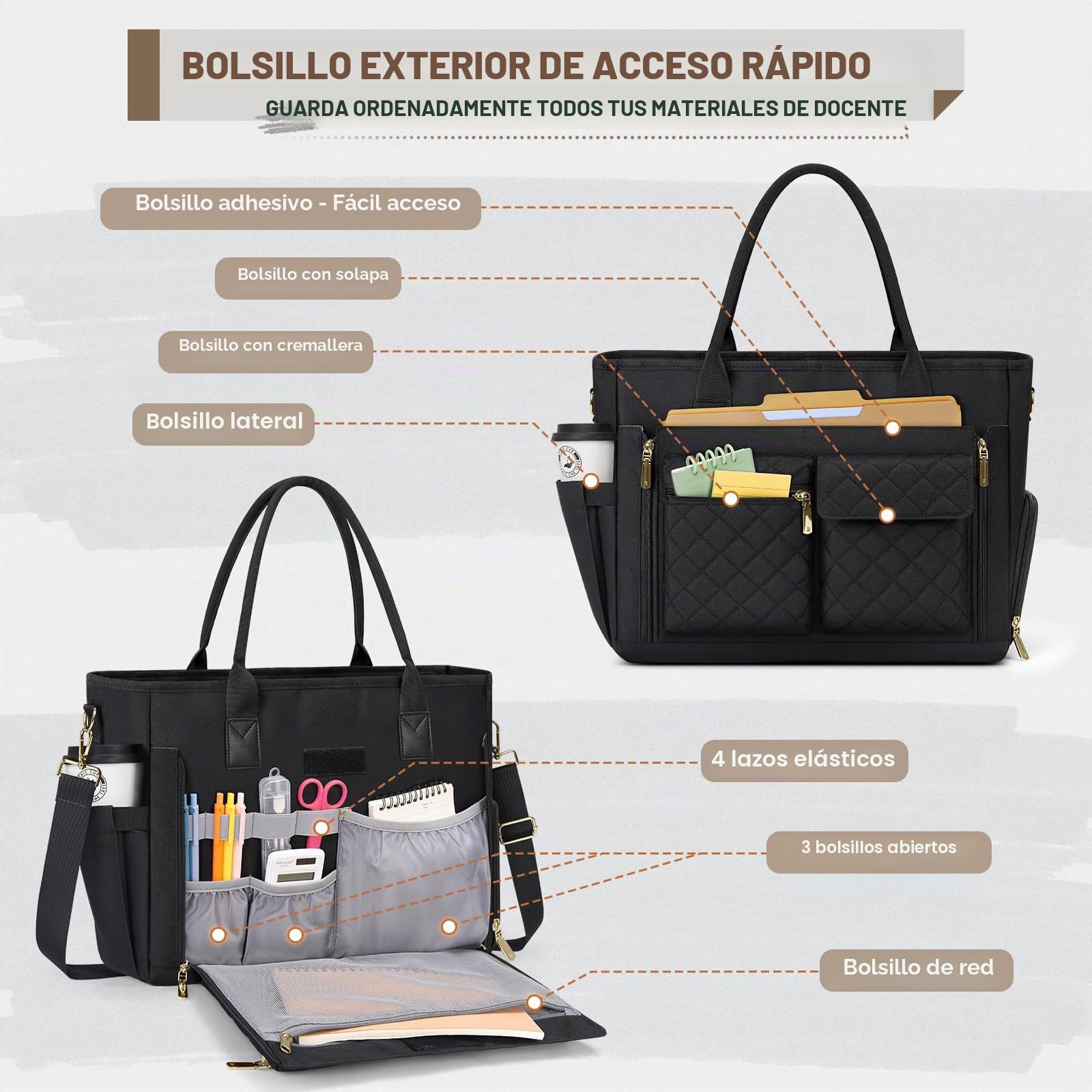 RAINSMORE Bolso Maestra Portátil 15,6 Pulgadas Mujer con Compartimento Térmico Nevera Bolso Universidad Mujer Bolso Trabajo Grande para Oficina Compras