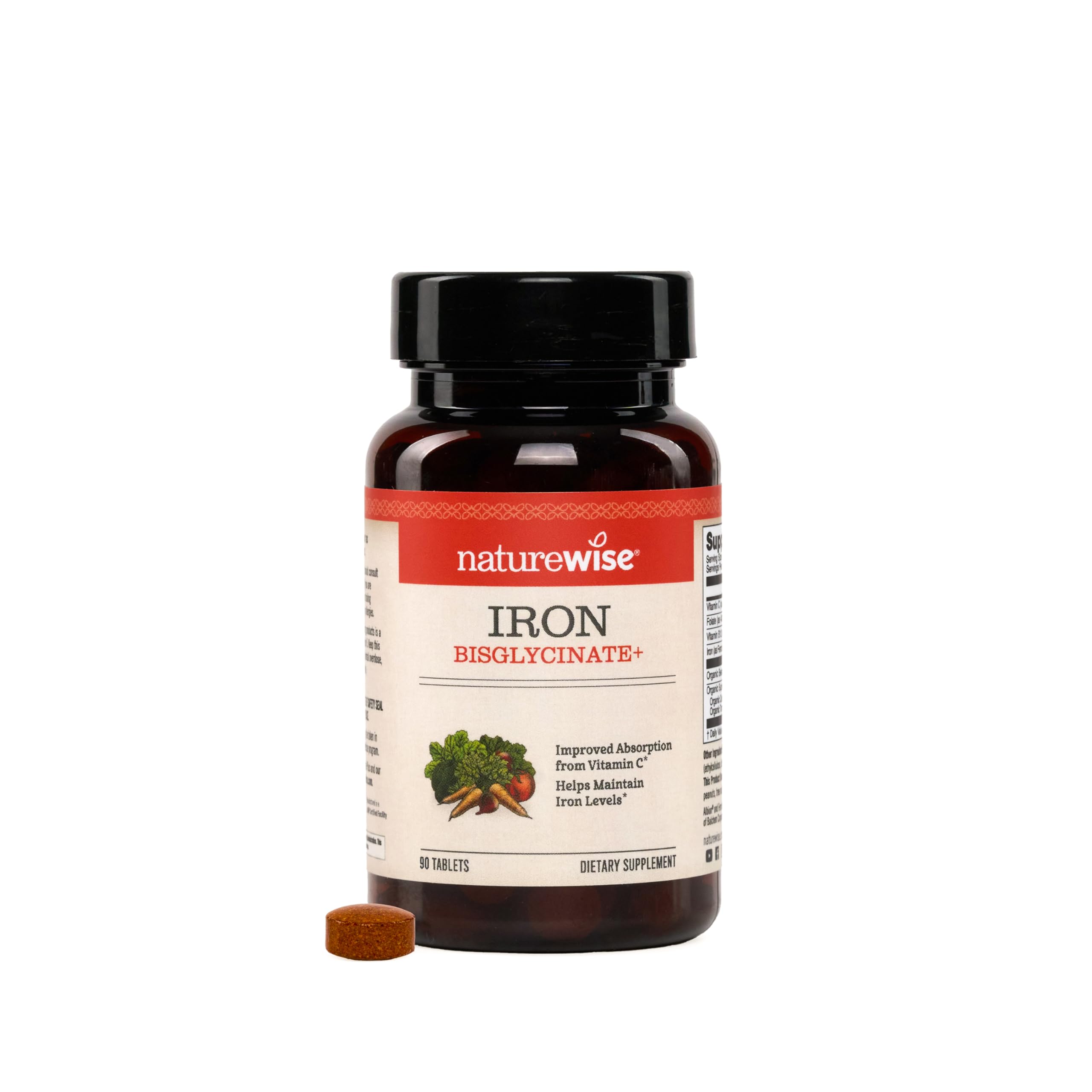 NatureWise Vegan Iron Supplement for Women & Men - Gentle on Stomach High Absorption - Coated Iron Bisglycinate Tablets + Vitamin C, Methyl B12, Folate & Organic Food Blend - 90 Tablets[90-Day Supply] Unflavored 90 Count (Pack of 1)