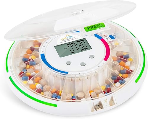 Live Fine Dispensador automático de pastillas con organizador electrónico de medicamentos de 28 días, 6 plantillas de dosis, pantalla LCD de fácil