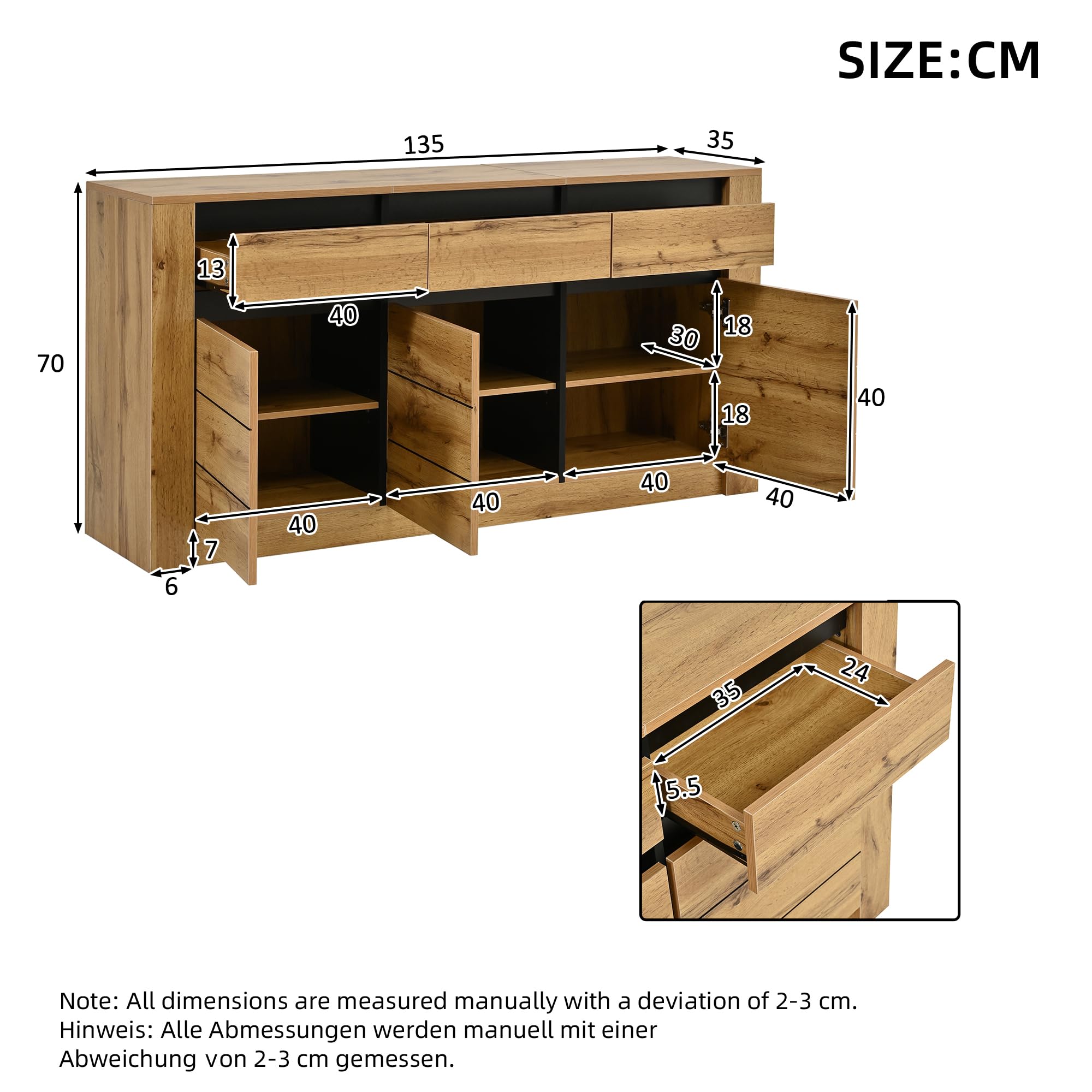 Kredens 135 x 35 x 70 cm, duża przestrzeń do przechowywania z 3 szufladami, 3 drzwi, komoda do salonu, jadalni, sypialni, korytarza, szafka bufetowa, płyta wiórowa, szafka pomocnicza, kolor drewna
