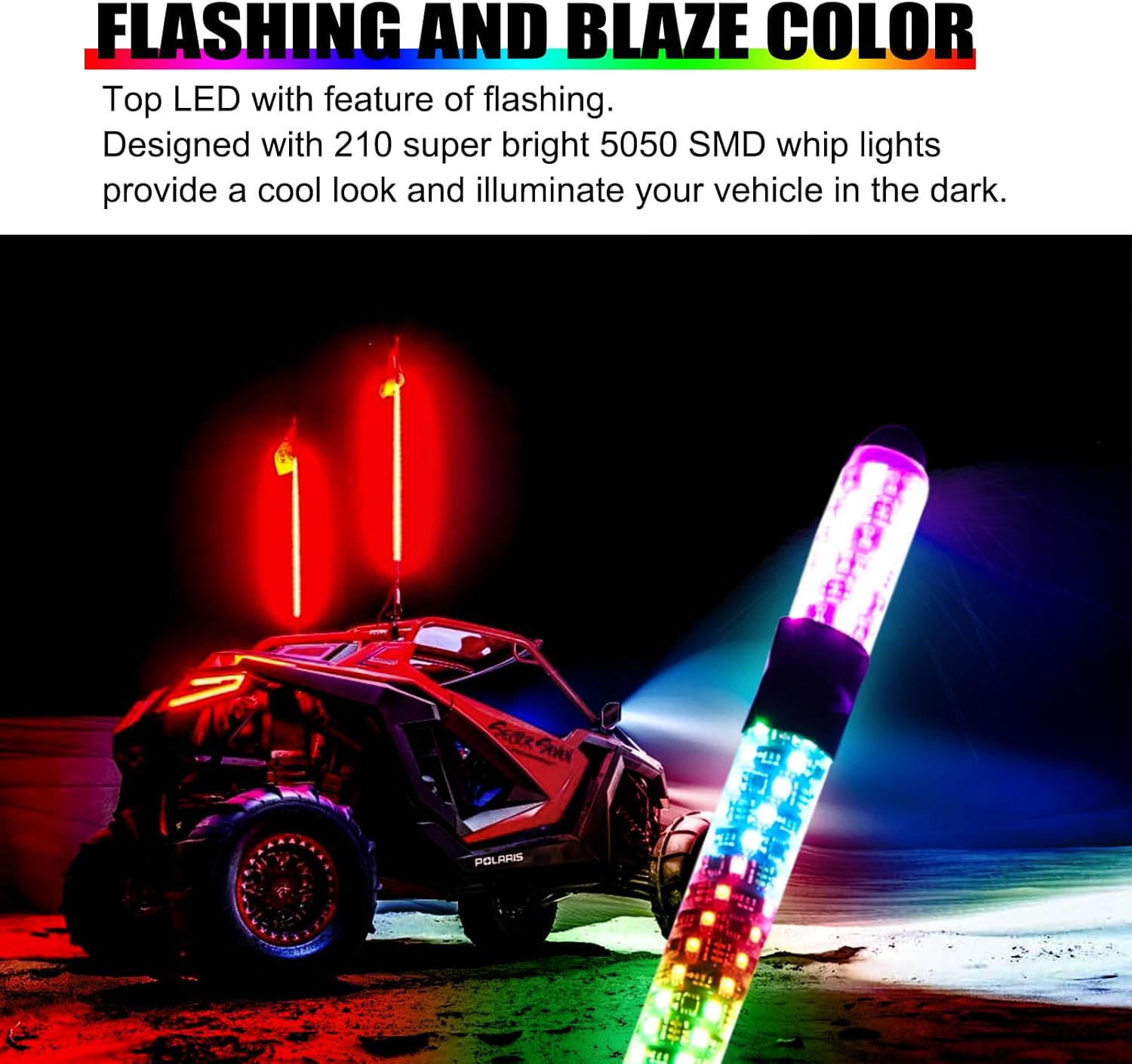 2PCS 4FT Fat RGB LED Whip Light with Led Turn Signal & Led Brake Lights & Flashing Light, APP & Remote Control Led Whip Lights for Side by Side, RGB Whip Lights for UTV ATV/Offroad/RZR/Truck/Can