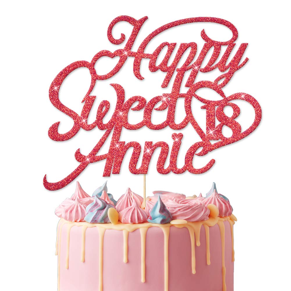 EDSG Personalised Sweet 16th Birthday | Customized with Any Age Any Name 12 16 18 21 30 Birthday Decor Cake Topper | Double Sided Glitter Birthday Cake Topper for Kids Hand Finished in UK(Red)