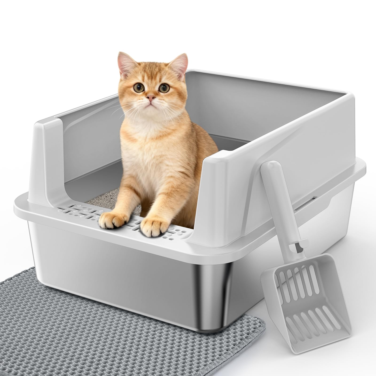 Stainless Steel Cat Litter Box with Lid, High-Sided Metal Litter Pan for Small Cats, Kitty Litter Box, Non-Stick & Odor-Resistant, Anti-Urine Leakage, Easy to Clean, Scoop Included
