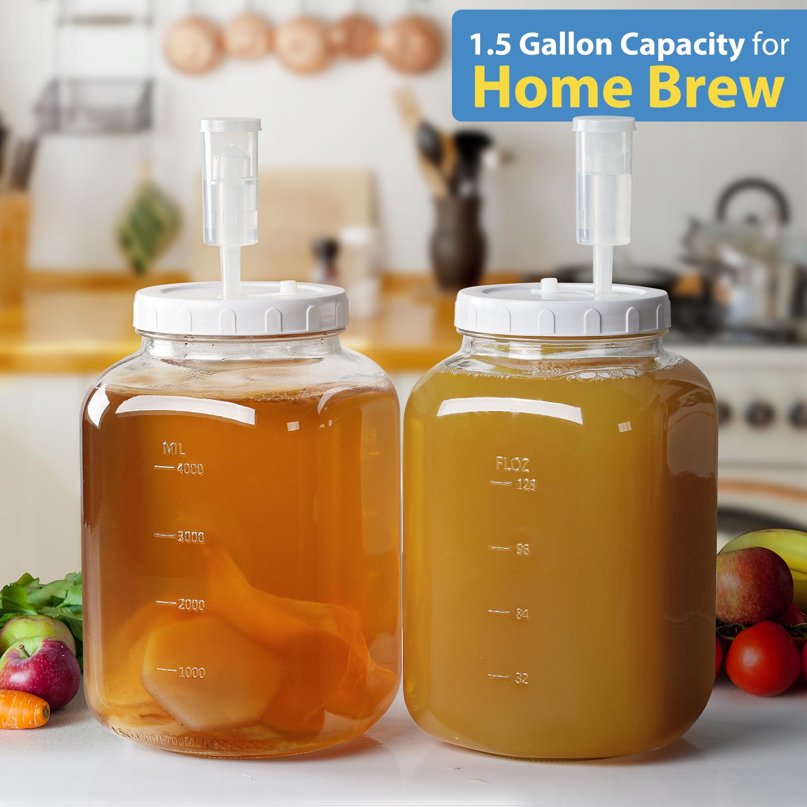 Lot de 2 grands bocaux de fermentation en verre de 5 litres avec couvercle 100 % hermétique et 3 sas, bocal Mason à large ouverture avec ligne graduée pour brassage maison, cornichons, légumes,