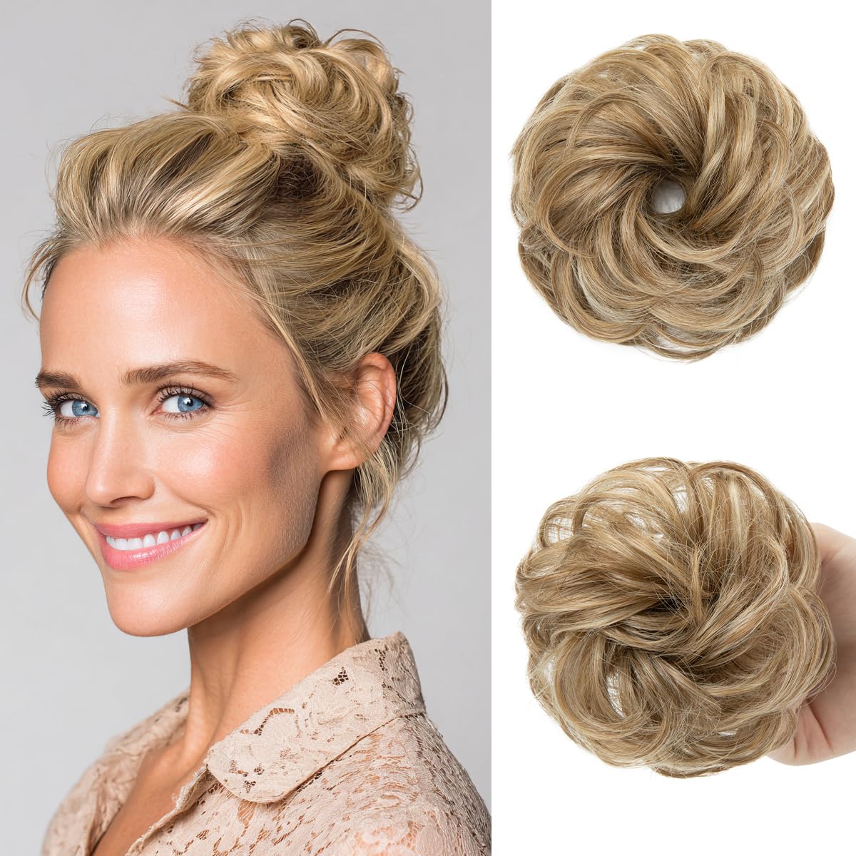 Photo 1 of CJL HAIR Small Messy Bun Hair Pieces for Women Thin Hair Synthetic Curly Mini Scrunchies Hairpiece Updo with Elastic Band 2PCs Sahara Beige