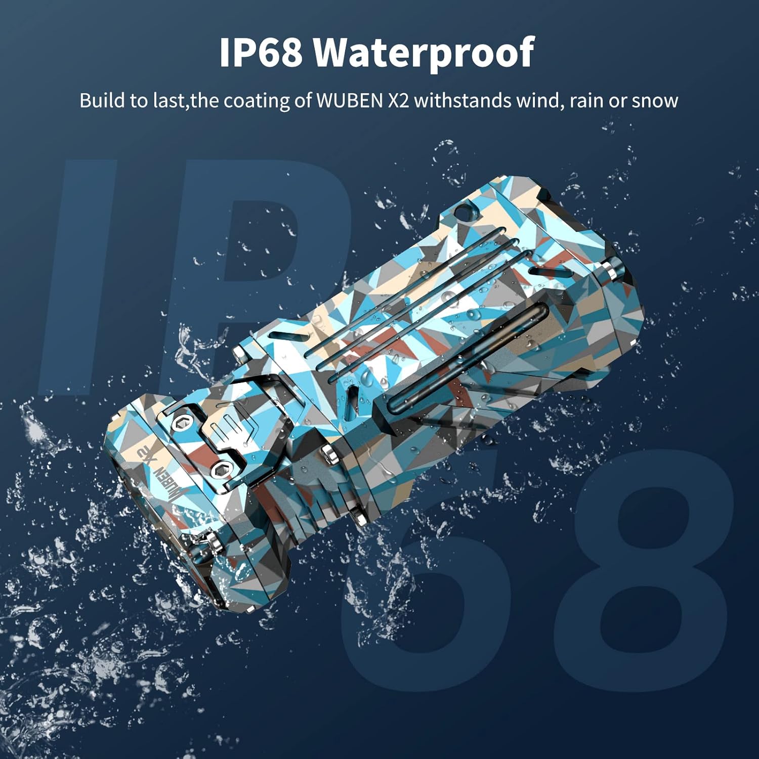 WUBEN X2 Flashlight being splashed with water, demonstrating its IP68 waterproof rating.