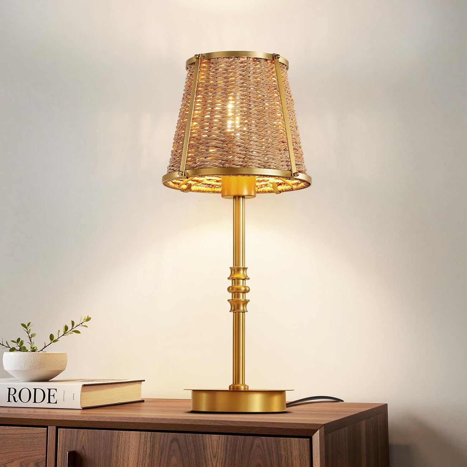 Bedside Table Lamp for Bedroom: Rattan Desk Lamp with Dimming Knob & AC Outlet, 18'' Vintage Nightstand Lamp with 70.8'' Power Cord for Living Room Dorm Office Kids Room Ambient Lighting(E26, No Bulb)