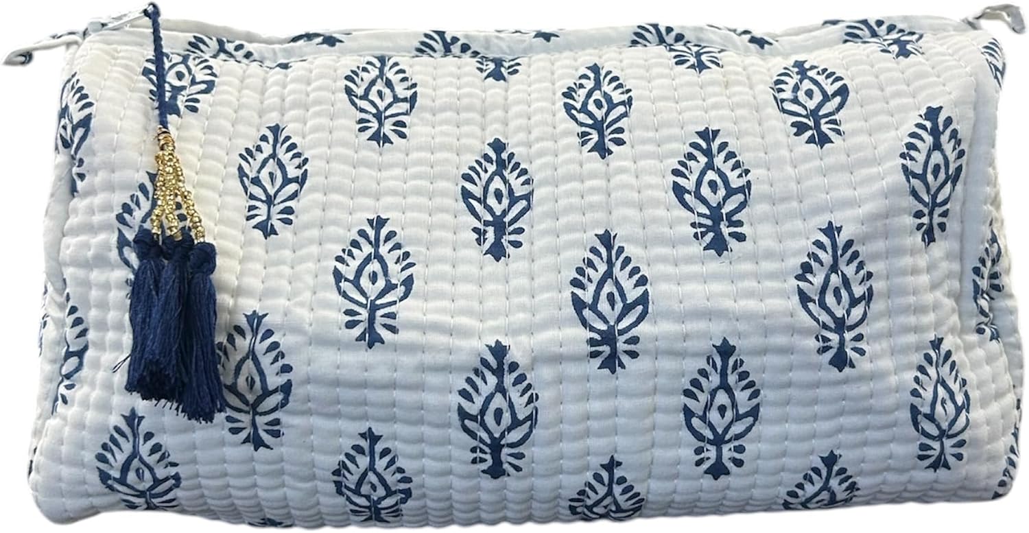Handcrafted Cotton Quilted Toiletry Bags (Pack of 1), Block Print Makeup Bag, Cosmetic Organizer & Travel Pouch for Women (Multicolor Aqua & Blue) image 3