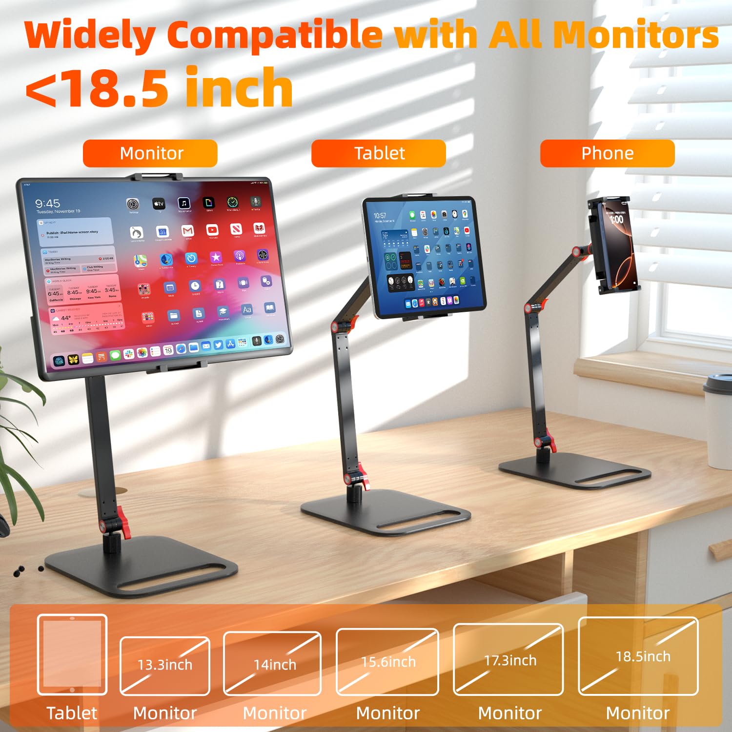 Supporto per monitor portatile regolabile per schermi da 6 a 18,5 pollici, base per display desktop, supporto universale in alluminio portatile da 12,9 pollici
