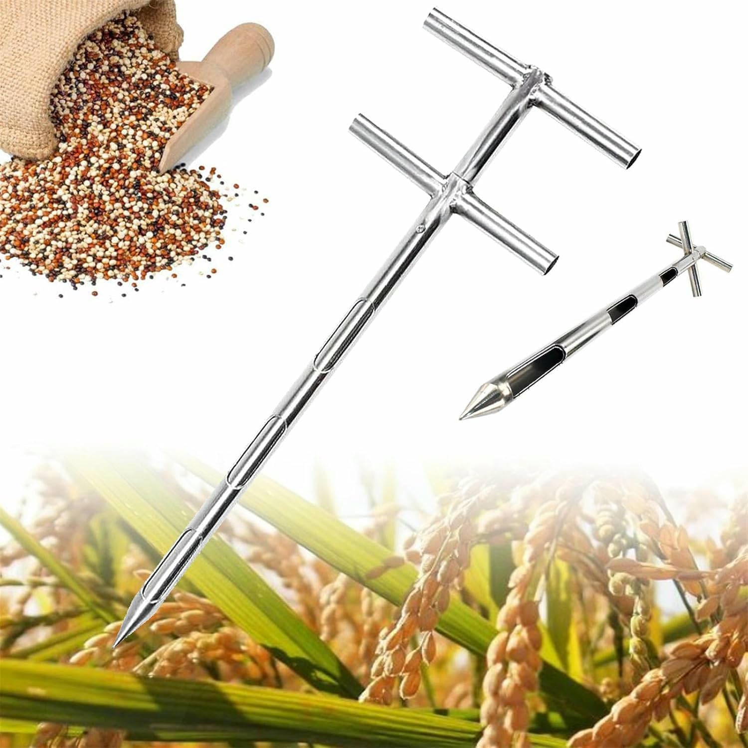 Grain Sampler with Rotating Handle - Stainless Steel Three Slot Design - Easy Operation for One-Person Sampling