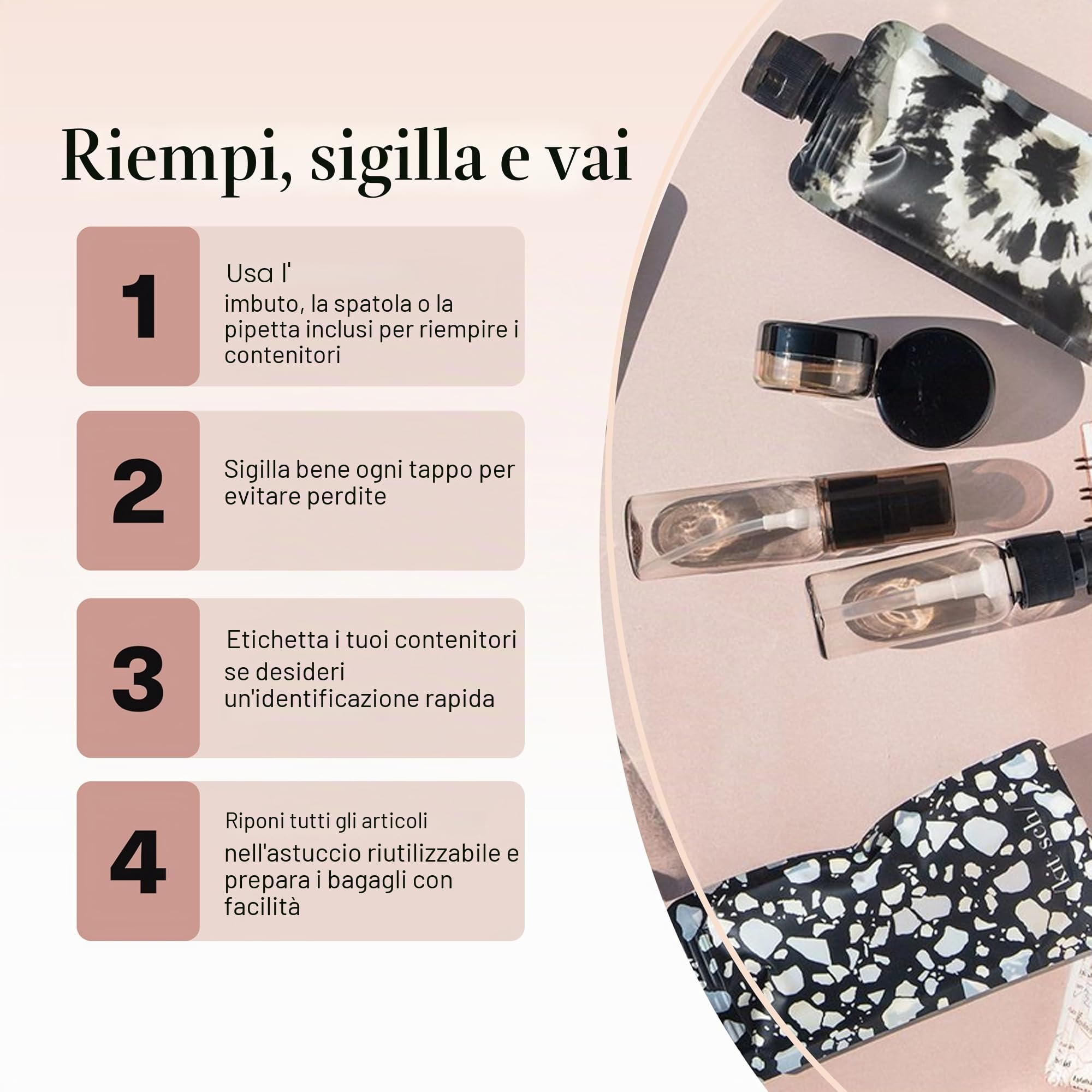 Kitsch Set da Viaggio 11 Pezzi per Toiletries – Kit Essenziale per Shampoo, Balsamo, Lozione e Altro, Contenitori Ricaricabili da Viaggio a Prova di Perdite – Nero & Avorio