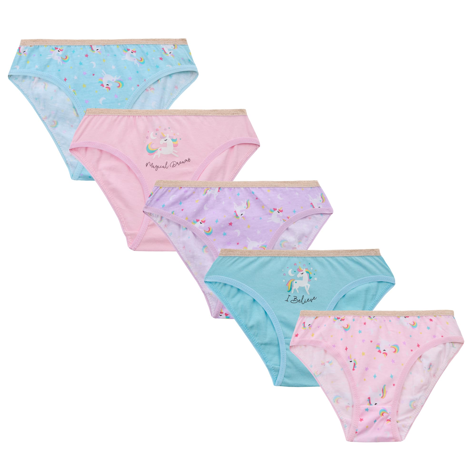 Metzuyan Girls Unicorns - 5 Pairs Ws-Ss25 Kids 5 Pairs Briefs Underwear 100% Novelty Multipack Pastel Unicorn 13 Years