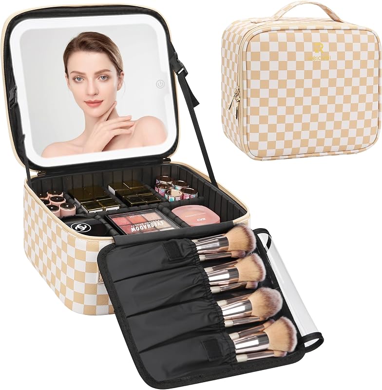 Travel Makeup Bag With LED Mirror, Cosmetic Train Case with Handle | Removable Mirror in 3 Lights, Small Makeup Organizer Bag with Detachable Dividers, Easy to Clean, Brush Compartment, Plaid