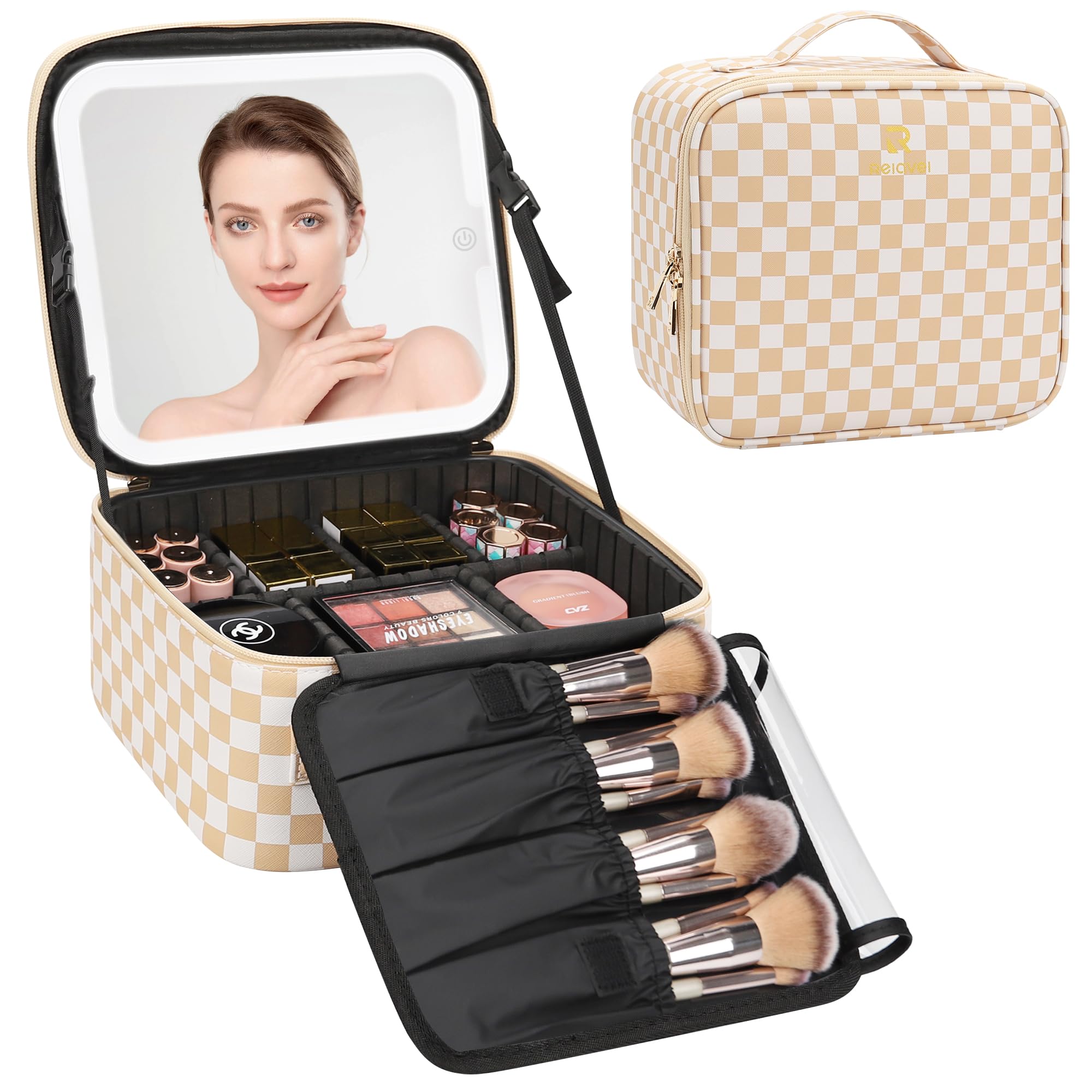 Relavel Travel Makeup Bag With LED Mirror, Cosmetic Train Case with Handle