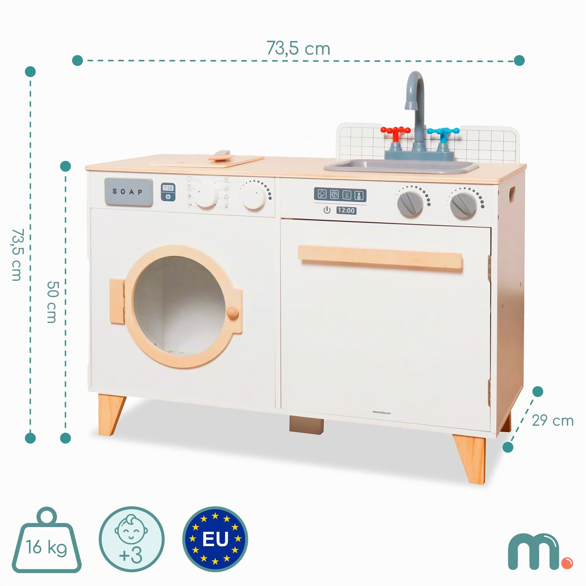 Mamabrum Buanderie et cuisine pour enfants en bois - 2 en 1 avec lave-linge, évier et accessoires de jeu à domicile