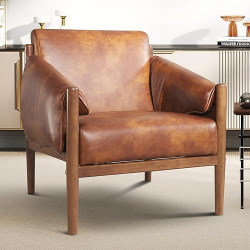 INZOY Mid Century Accent Chair with Wood Frame, PU Leather Reading Armchair with Removable Armrest Pads, Upholstered Living Room Chairs for Bedroom, Camel
