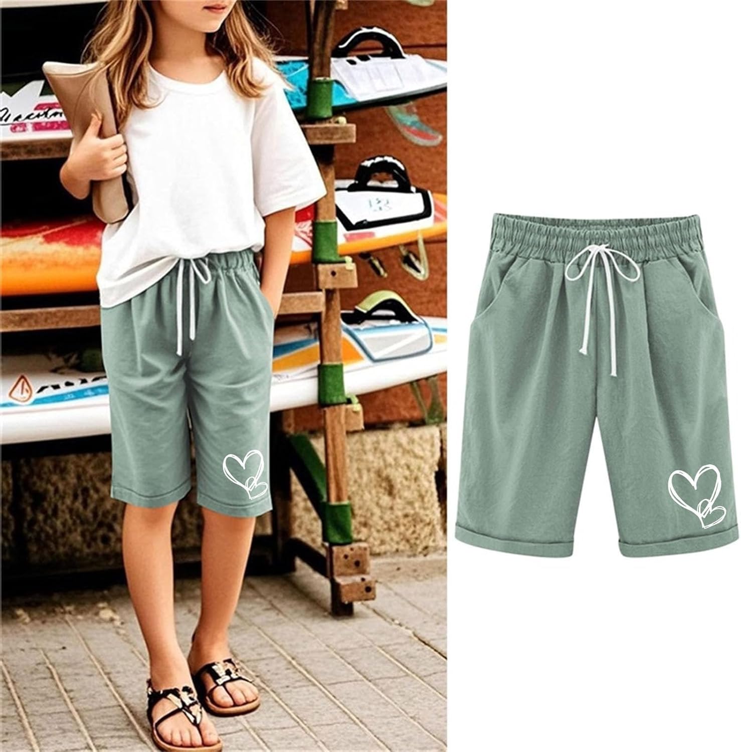 Girls Bermuda Shorts Knee Length Straight Leg Short Loose Casual Cute Solid Drawstring Elastic Waist Jorts Summer Trendy - Image 2