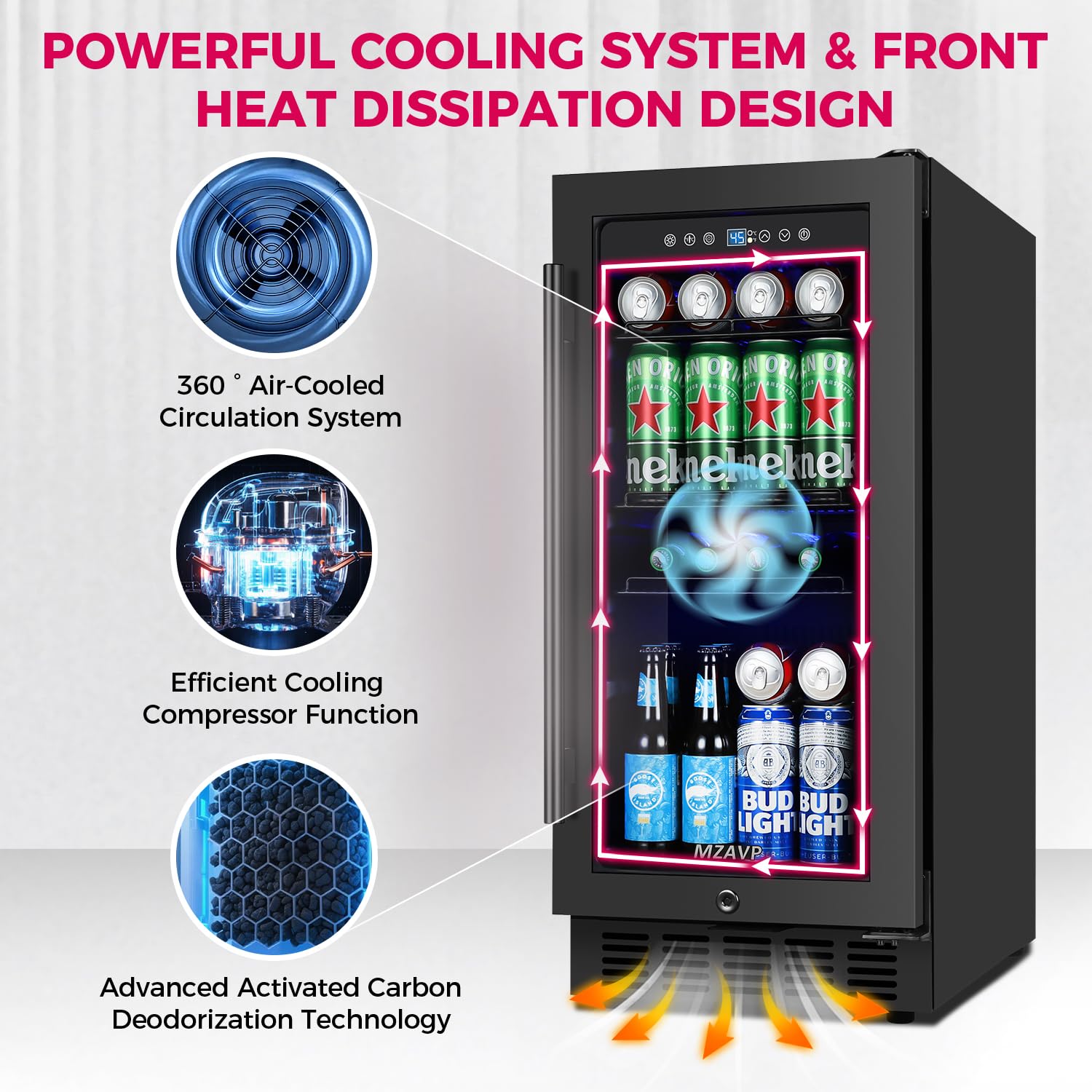 MZAVP 15 Inch Beverage Cooler Refrigerator, 15" Beverage Cooler Under Counter 130 Cans Beverage Fridge with Glass Door, Freestanding or Built-In Mini Drinks Fridge with Lock for Soda, Beer, Black on Fridge.com