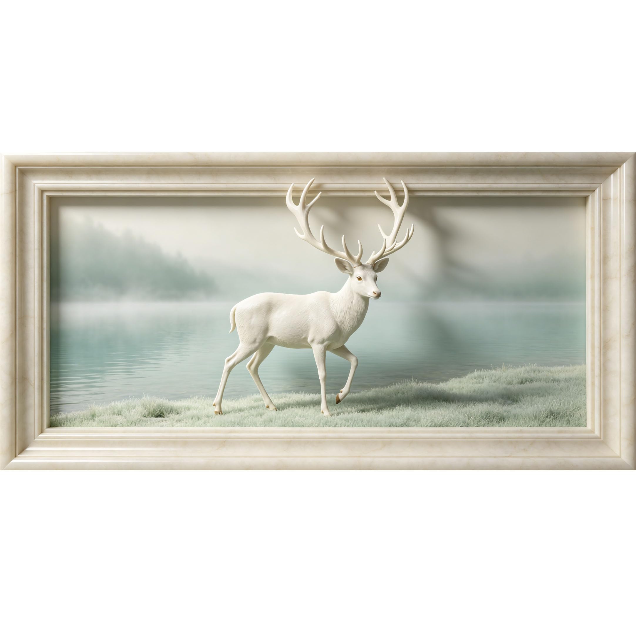Agglomerix 3D Framed Wall Art White Deer Mountain Lake Landscape Trompe l'oeil Large Size SelfAdhesive Removable Wall Decor Prints Artwork for Living Room Bedroom Office