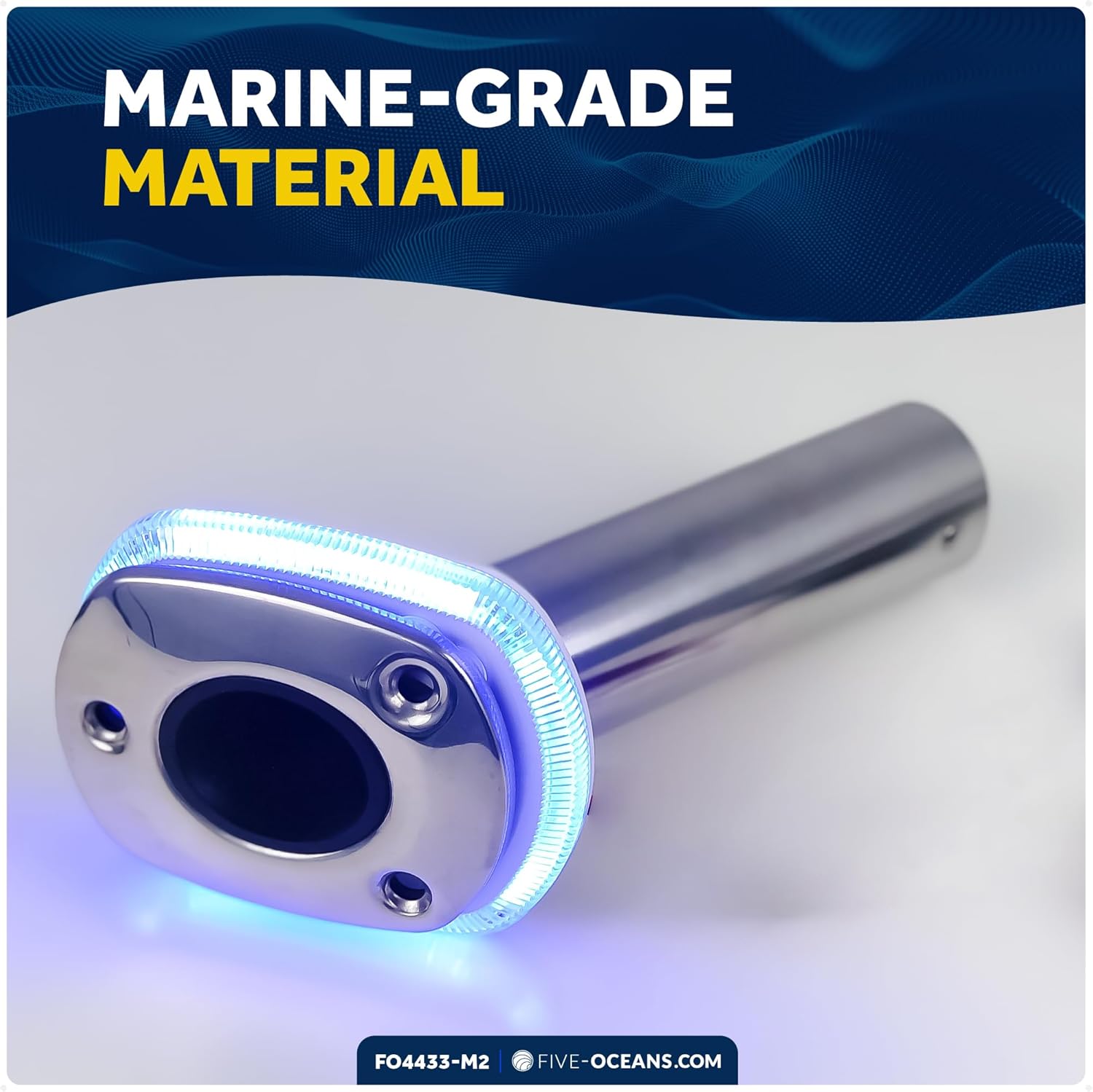 Five Oceans Blue LED Rod Holder Accent Bezel Ring, Fits All and Most Standard Rod Holders, Made of Grade Marine Durable Materials, 12 Volts, Multiple Packs