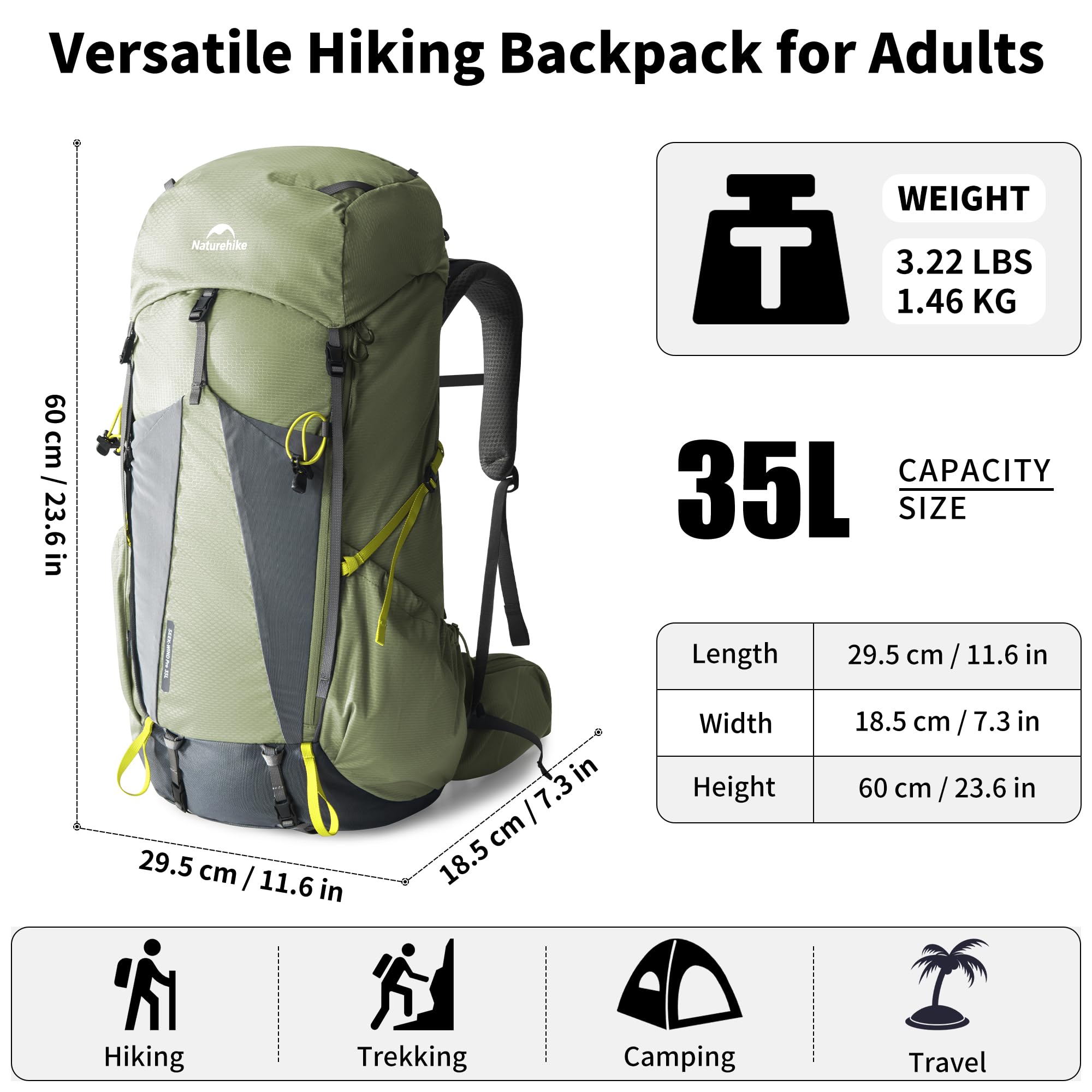 Naturehike Seek Wind Mochila de 35 L/65 L, mochila de trekking para hombre y mujer, mochila de senderismo, mochila de viaje impermeable, mochila con funda para lluvia para camping, ciclismo